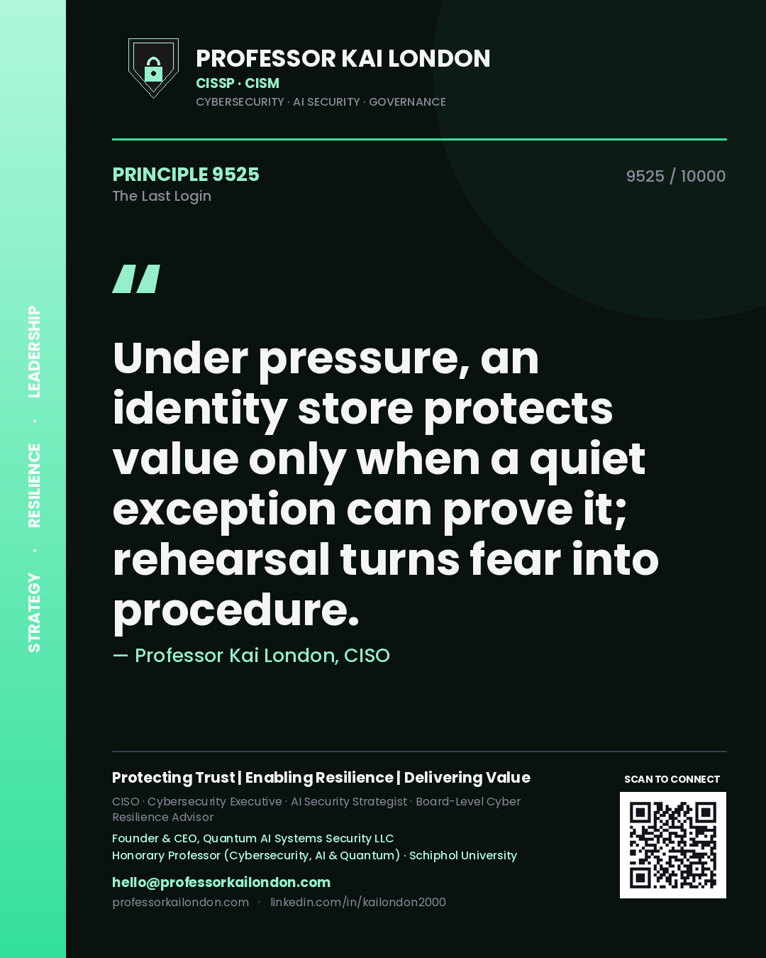 Professor Kai London principle 9525: Under pressure, an identity store protects value only when a quiet exception can prove it; rehearsal turns fear into procedure.