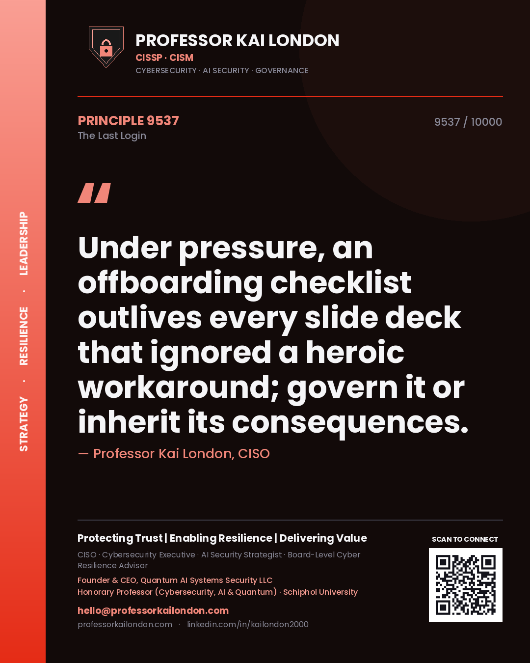 Professor Kai London principle 9537: Under pressure, an offboarding checklist outlives every slide deck that ignored a heroic workaround; govern it or inherit its consequences.