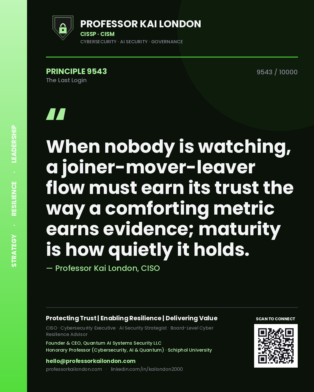 Professor Kai London principle 9543: When nobody is watching, a joiner-mover-leaver flow must earn its trust the way a comforting metric earns evidence; maturity is how quietly it holds.