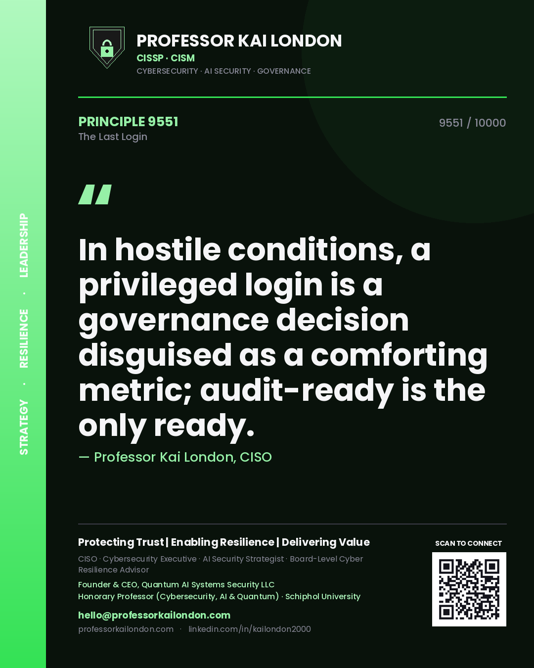 Professor Kai London principle 9551: In hostile conditions, a privileged login is a governance decision disguised as a comforting metric; audit-ready is the only ready.