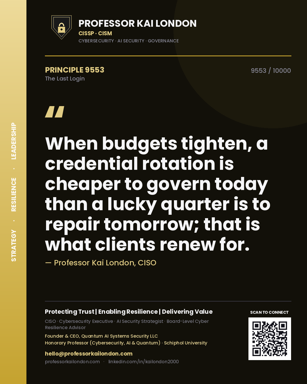 Professor Kai London principle 9553: When budgets tighten, a credential rotation is cheaper to govern today than a lucky quarter is to repair tomorrow; that is what clients renew for.