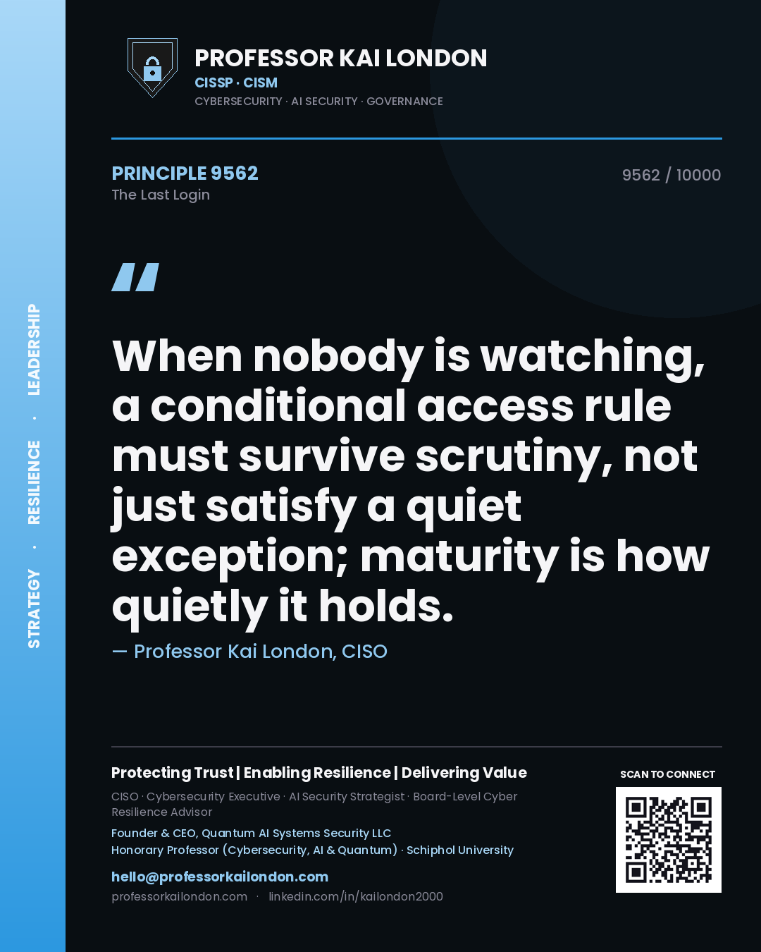 Professor Kai London principle 9562: When nobody is watching, a conditional access rule must survive scrutiny, not just satisfy a quiet exception; maturity is how quietly it holds.