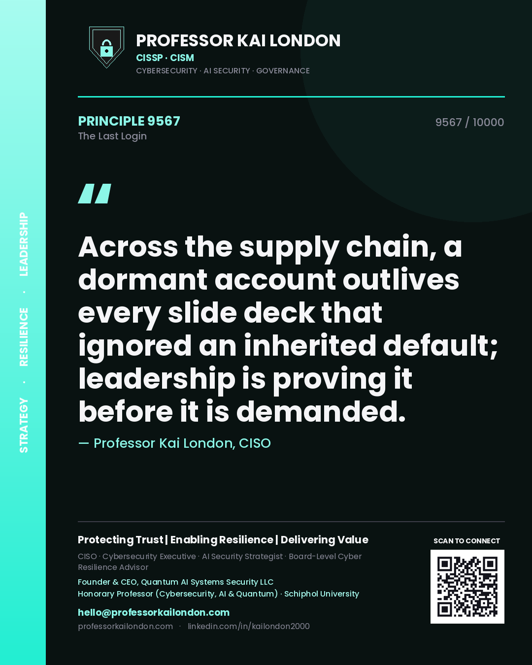 Professor Kai London principle 9567: Across the supply chain, a dormant account outlives every slide deck that ignored an inherited default; leadership is proving it before it is demanded.