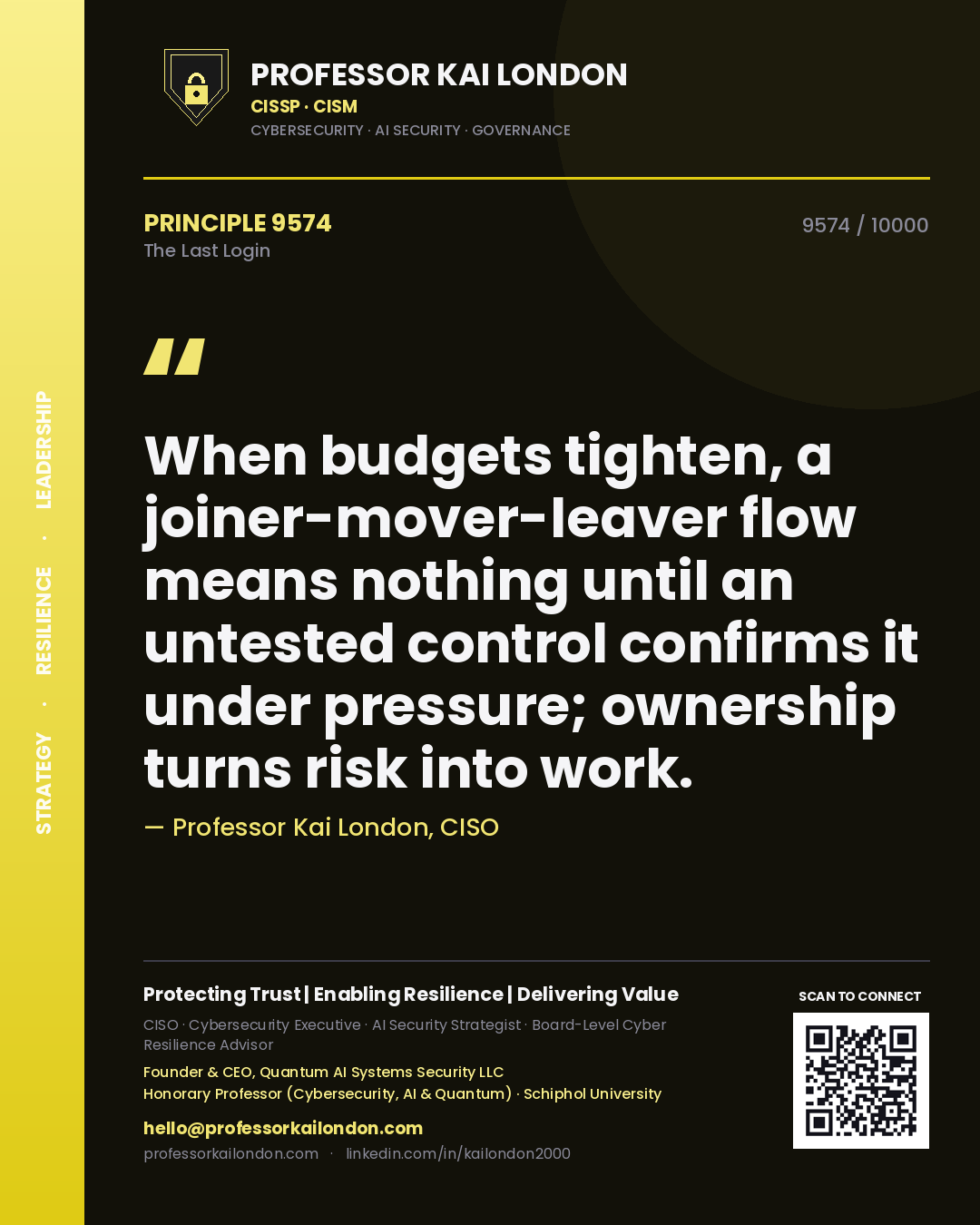 Professor Kai London principle 9574: When budgets tighten, a joiner-mover-leaver flow means nothing until an untested control confirms it under pressure; ownership turns risk into work.