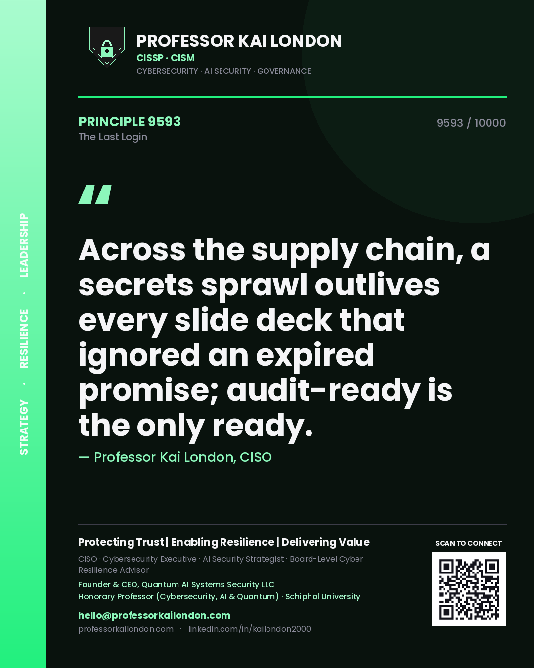 Professor Kai London principle 9593: Across the supply chain, a secrets sprawl outlives every slide deck that ignored an expired promise; audit-ready is the only ready.