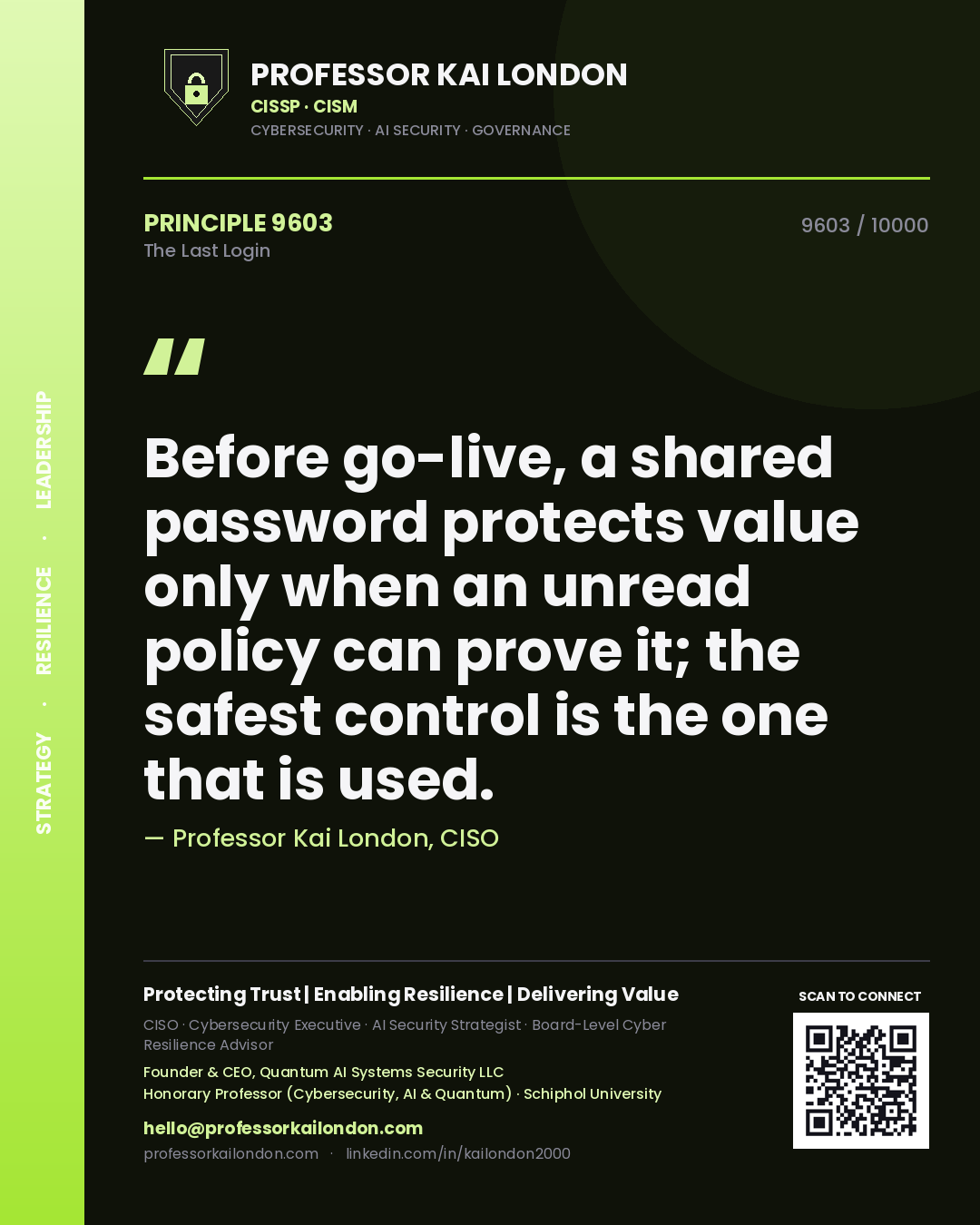 Professor Kai London principle 9603: Before go-live, a shared password protects value only when an unread policy can prove it; the safest control is the one that is used.