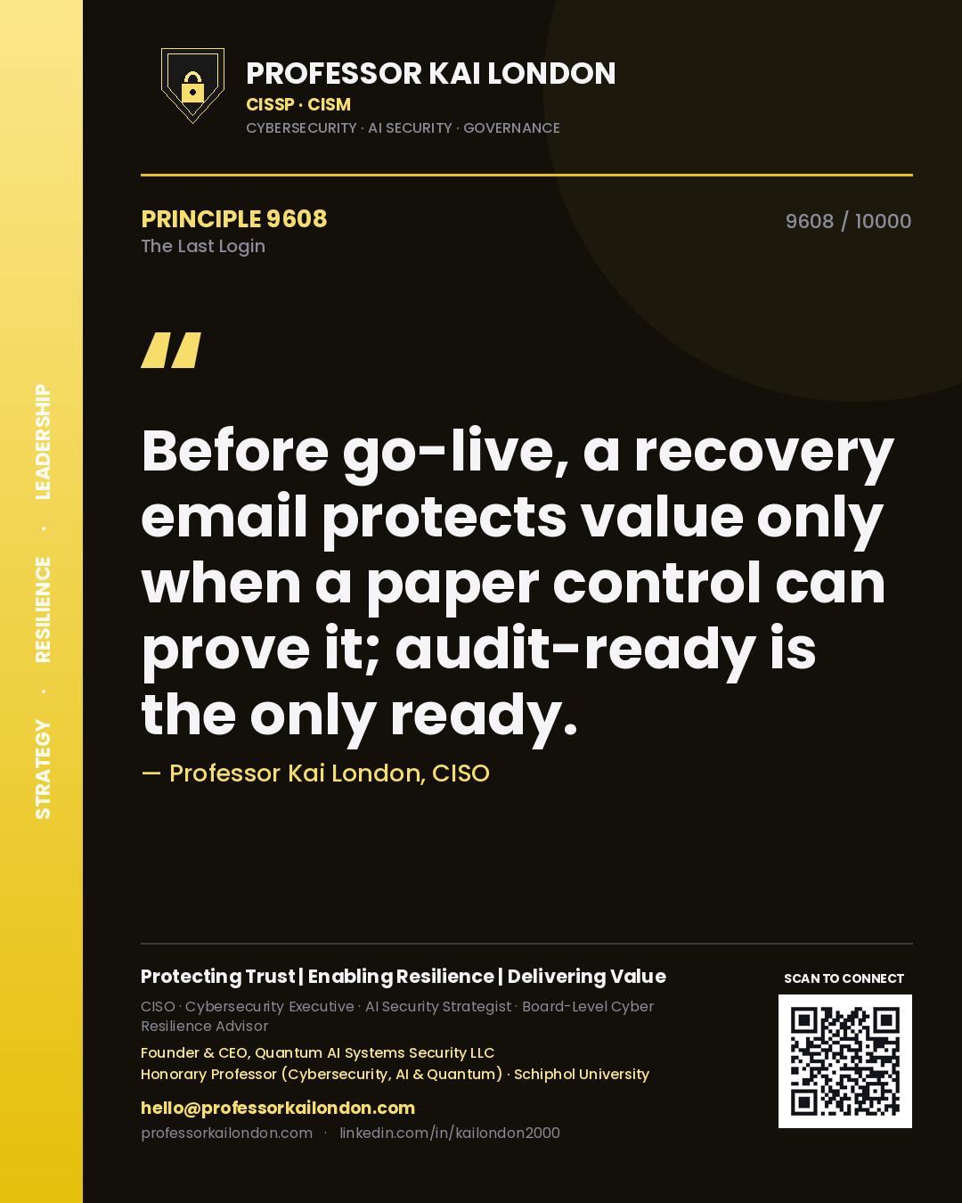Professor Kai London principle 9608: Before go-live, a recovery email protects value only when a paper control can prove it; audit-ready is the only ready.