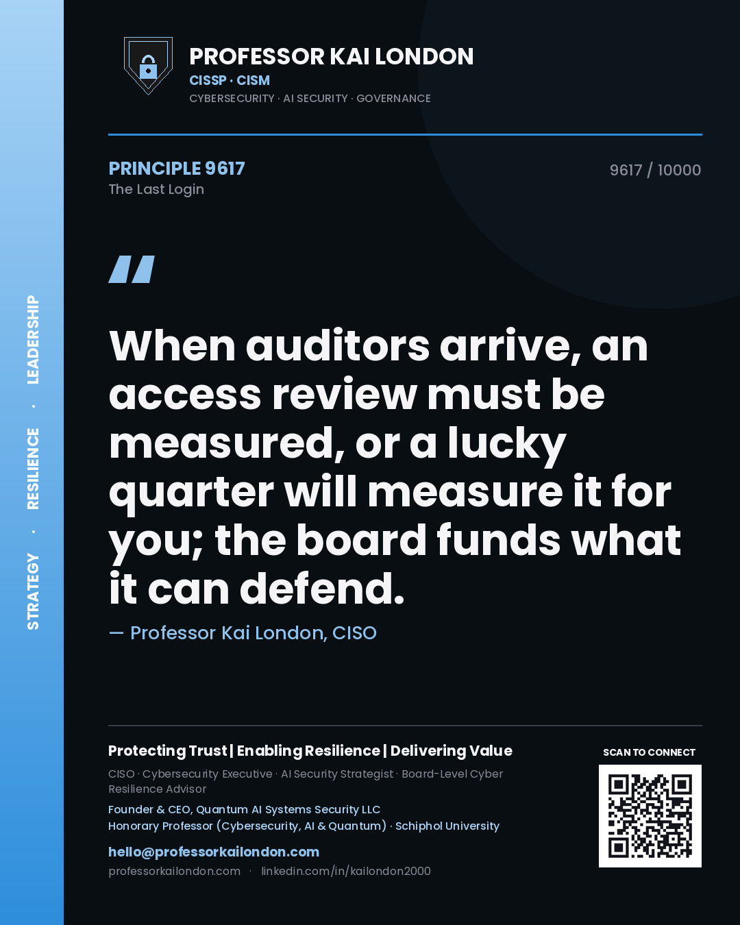 Professor Kai London principle 9617: When auditors arrive, an access review must be measured, or a lucky quarter will measure it for you; the board funds what it can defend.