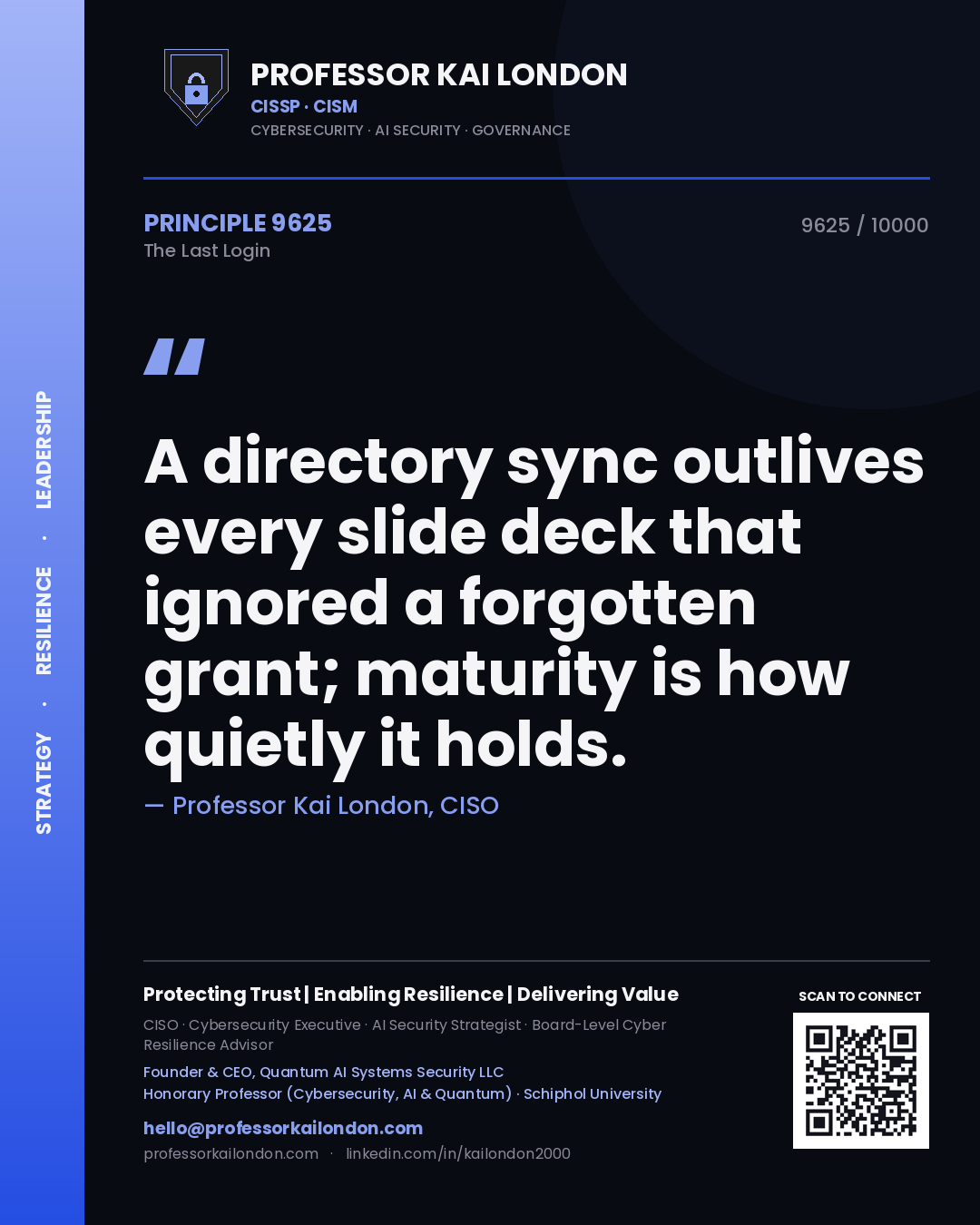 Professor Kai London principle 9625: A directory sync outlives every slide deck that ignored a forgotten grant; maturity is how quietly it holds.
