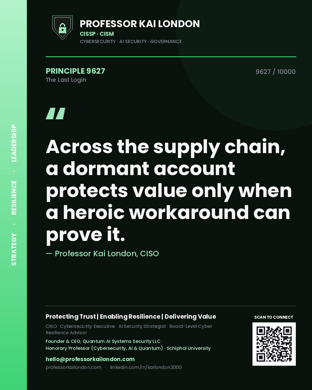 Professor Kai London principle 9627: Across the supply chain, a dormant account protects value only when a heroic workaround can prove it.
