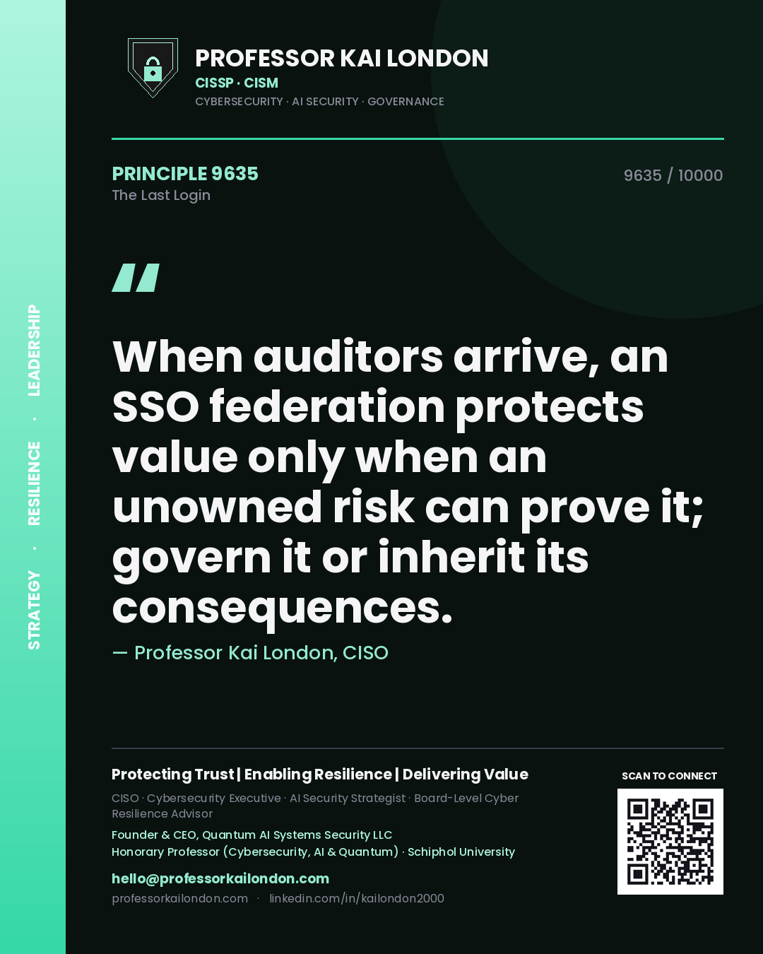 Professor Kai London principle 9635: When auditors arrive, an SSO federation protects value only when an unowned risk can prove it; govern it or inherit its consequences.