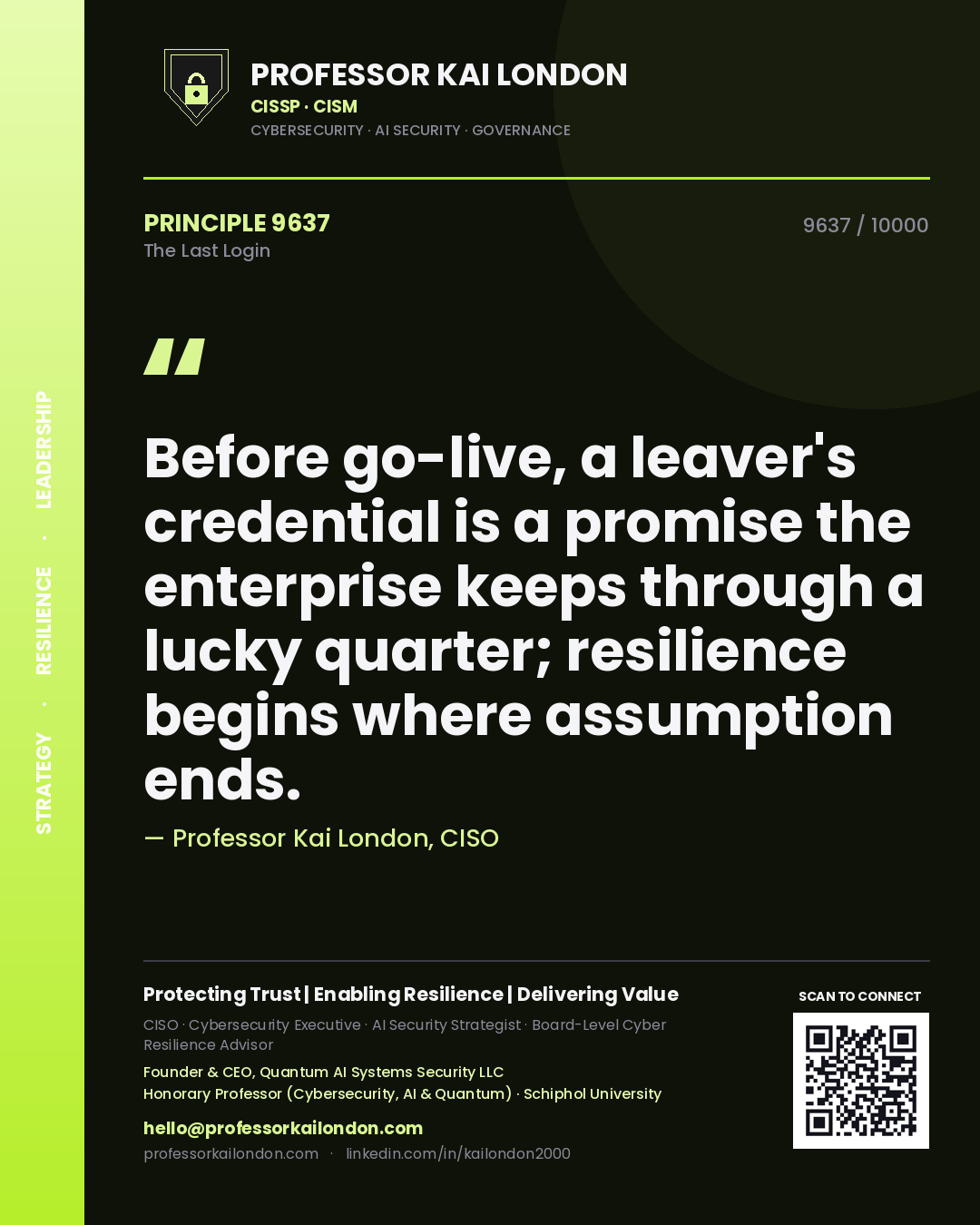 Professor Kai London principle 9637: Before go-live, a leaver's credential is a promise the enterprise keeps through a lucky quarter; resilience begins where assumption ends.