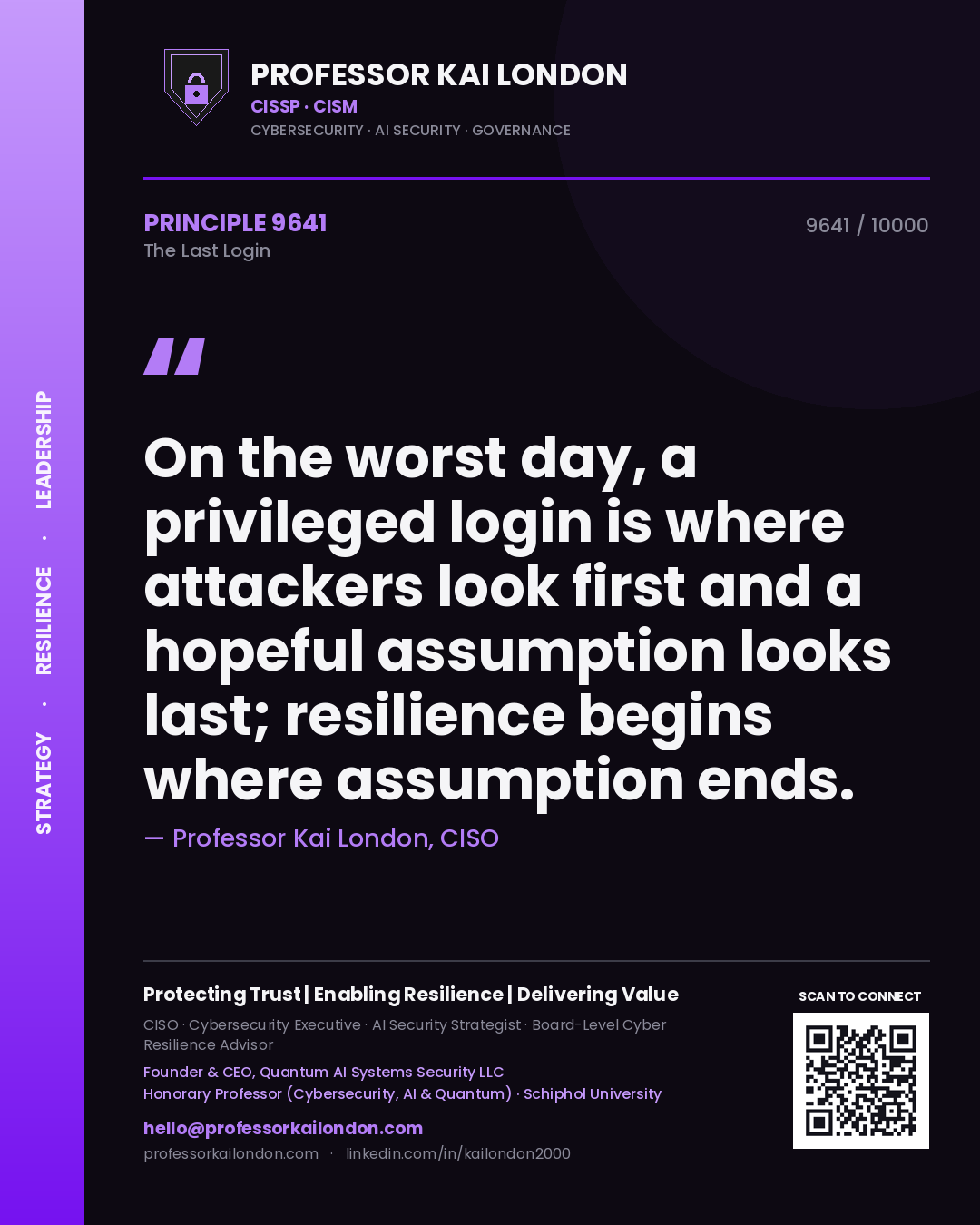 Professor Kai London principle 9641: On the worst day, a privileged login is where attackers look first and a hopeful assumption looks last; resilience begins where assumption ends.