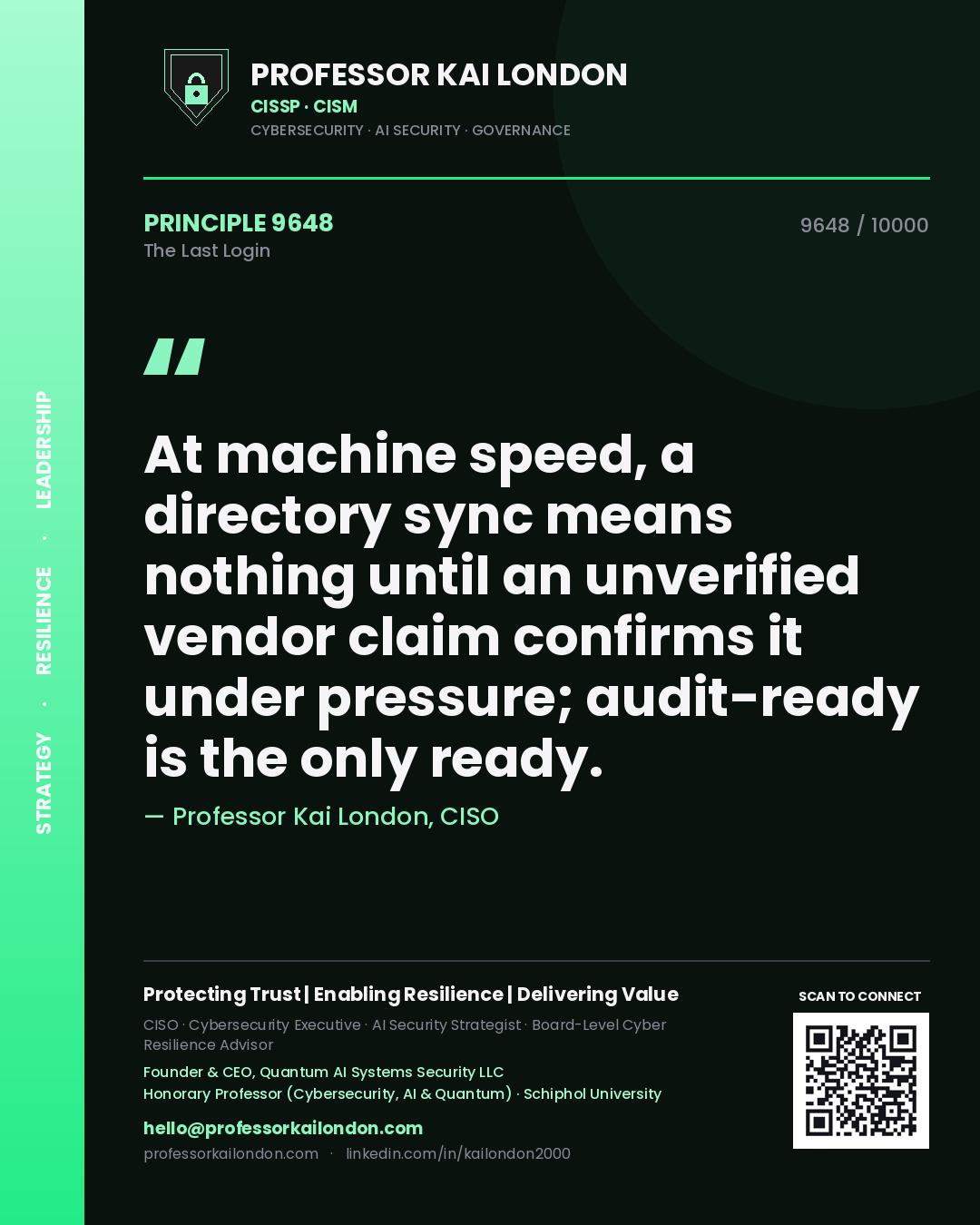 Professor Kai London principle 9648: At machine speed, a directory sync means nothing until an unverified vendor claim confirms it under pressure; audit-ready is the only ready.