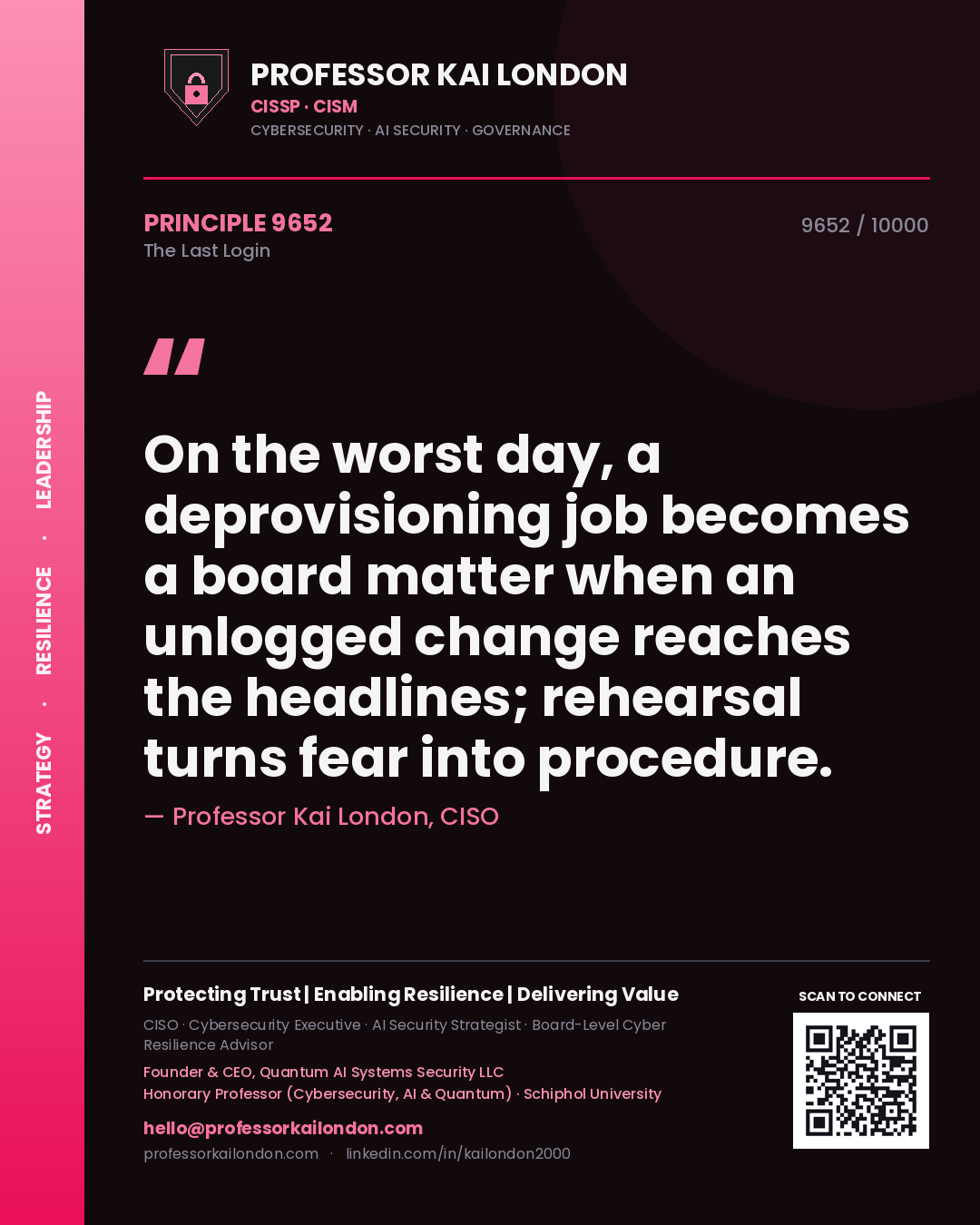 Professor Kai London principle 9652: On the worst day, a deprovisioning job becomes a board matter when an unlogged change reaches the headlines; rehearsal turns fear into procedure.