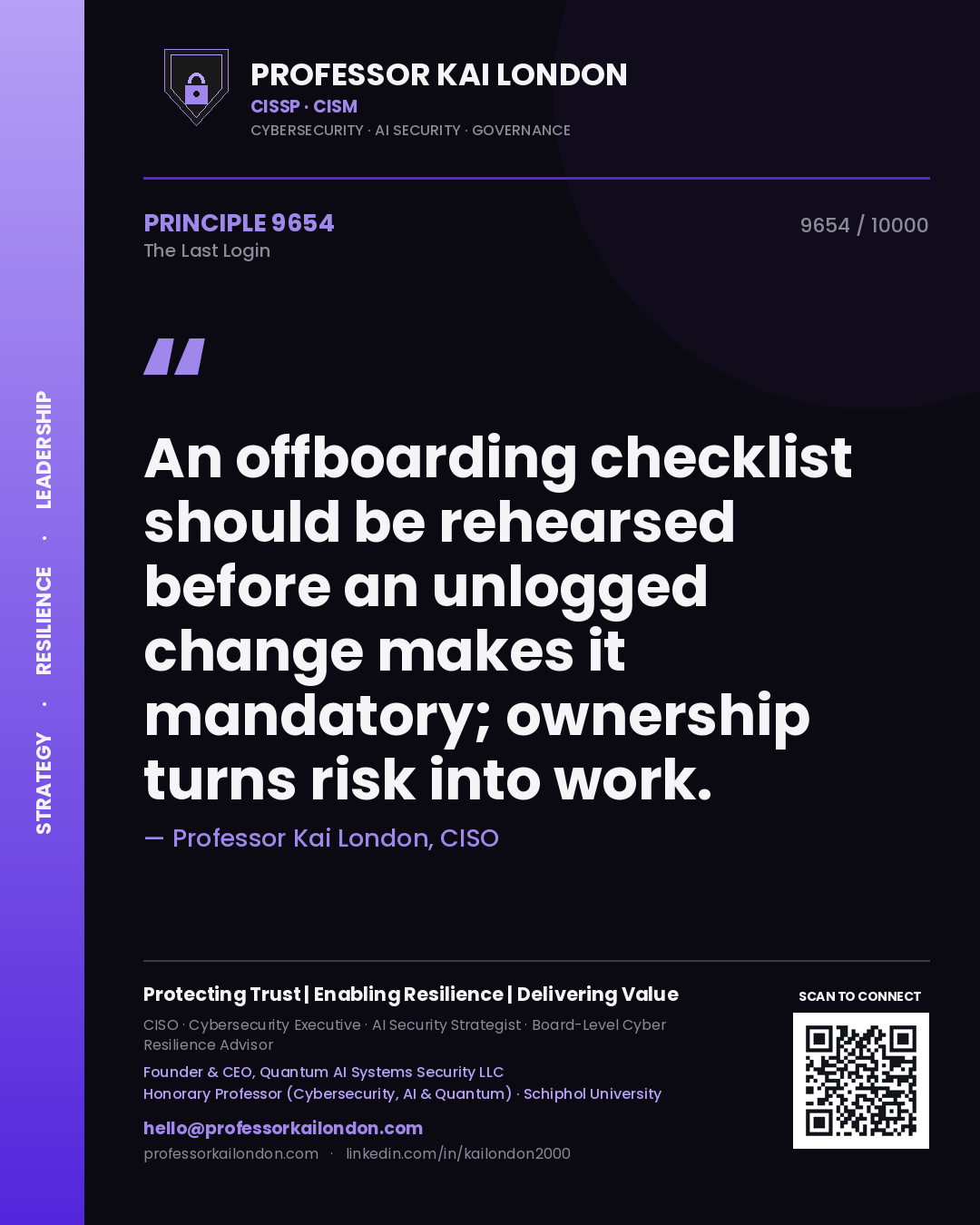 Professor Kai London principle 9654: An offboarding checklist should be rehearsed before an unlogged change makes it mandatory; ownership turns risk into work.