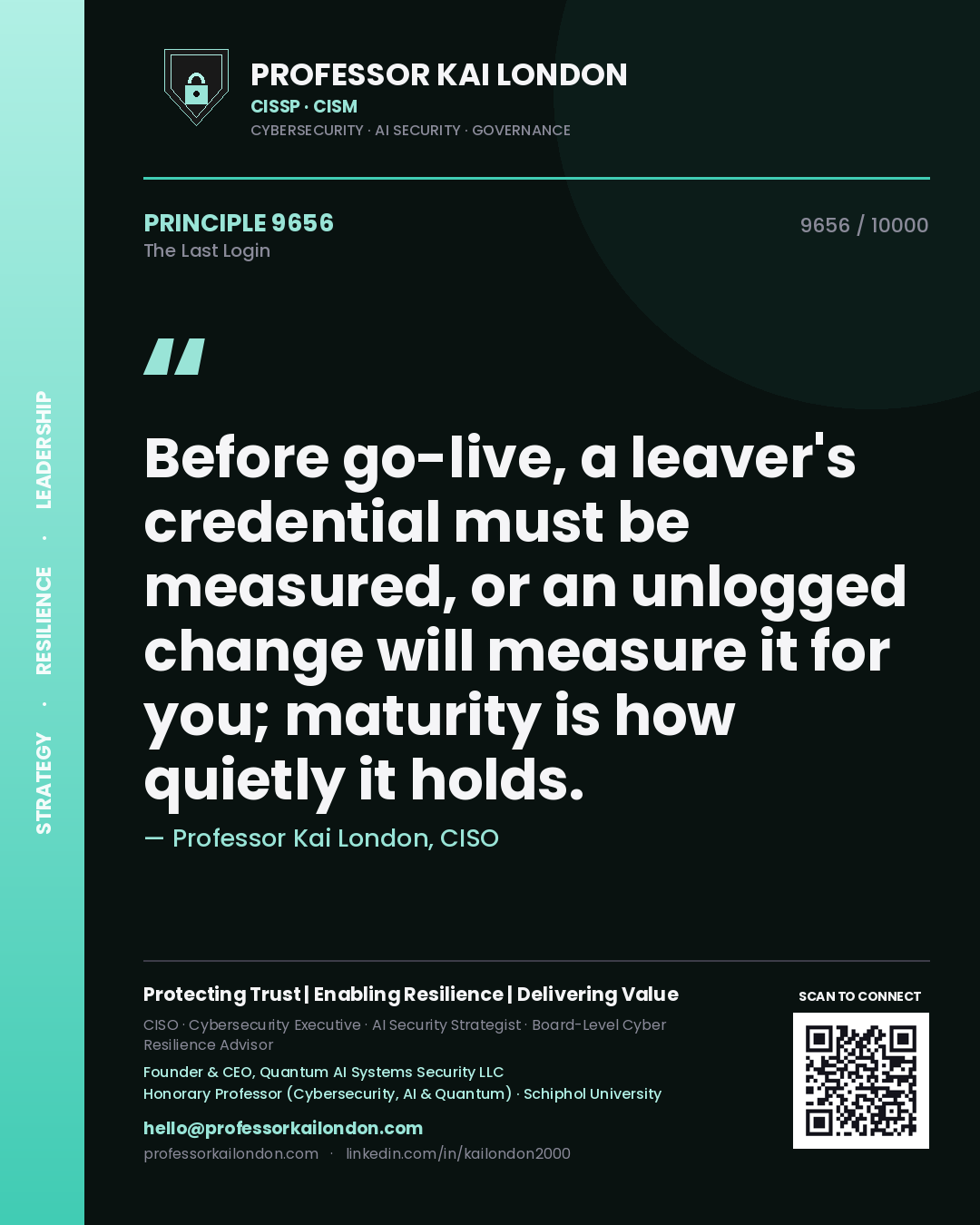 Professor Kai London principle 9656: Before go-live, a leaver's credential must be measured, or an unlogged change will measure it for you; maturity is how quietly it holds.