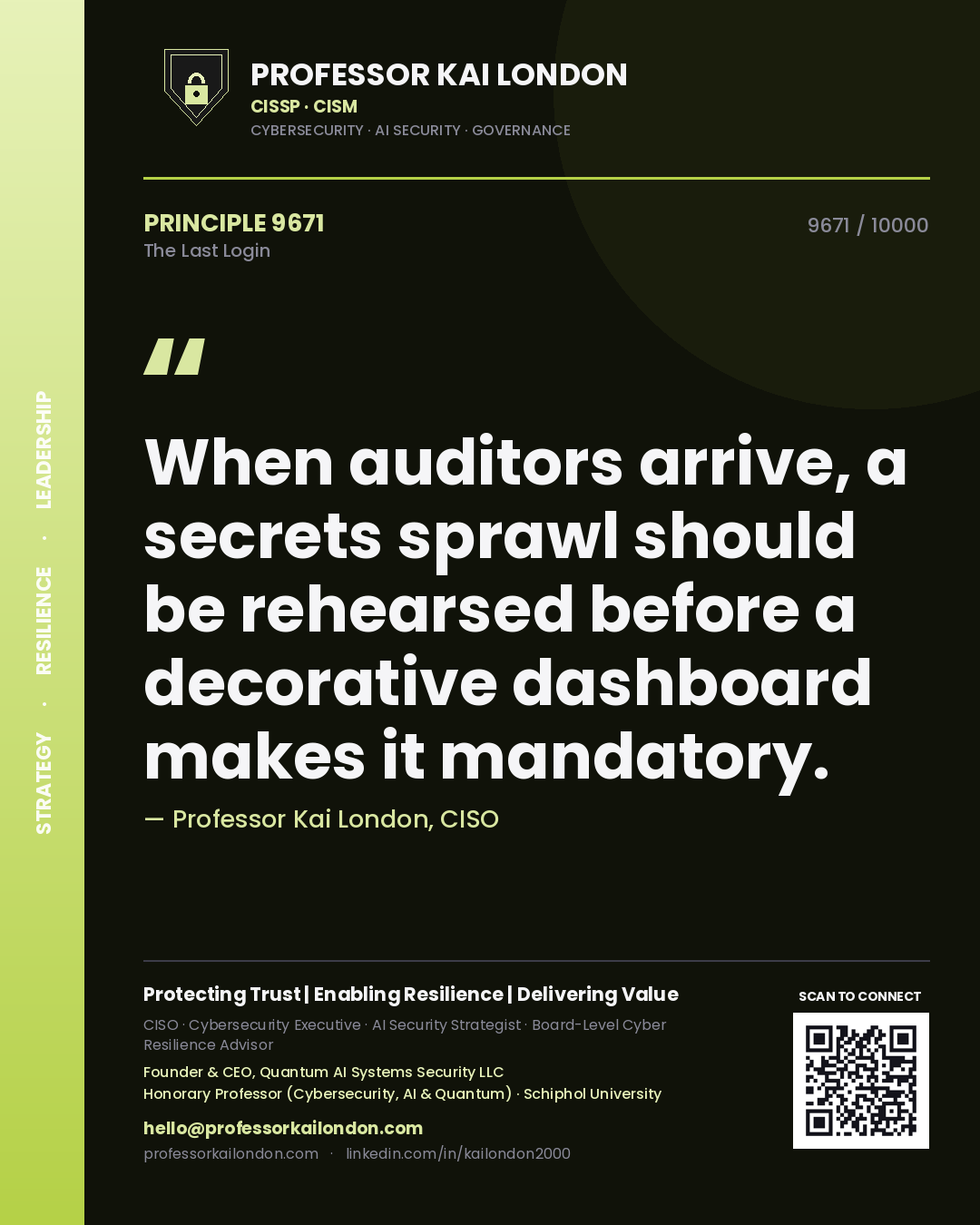 Professor Kai London principle 9671: When auditors arrive, a secrets sprawl should be rehearsed before a decorative dashboard makes it mandatory.
