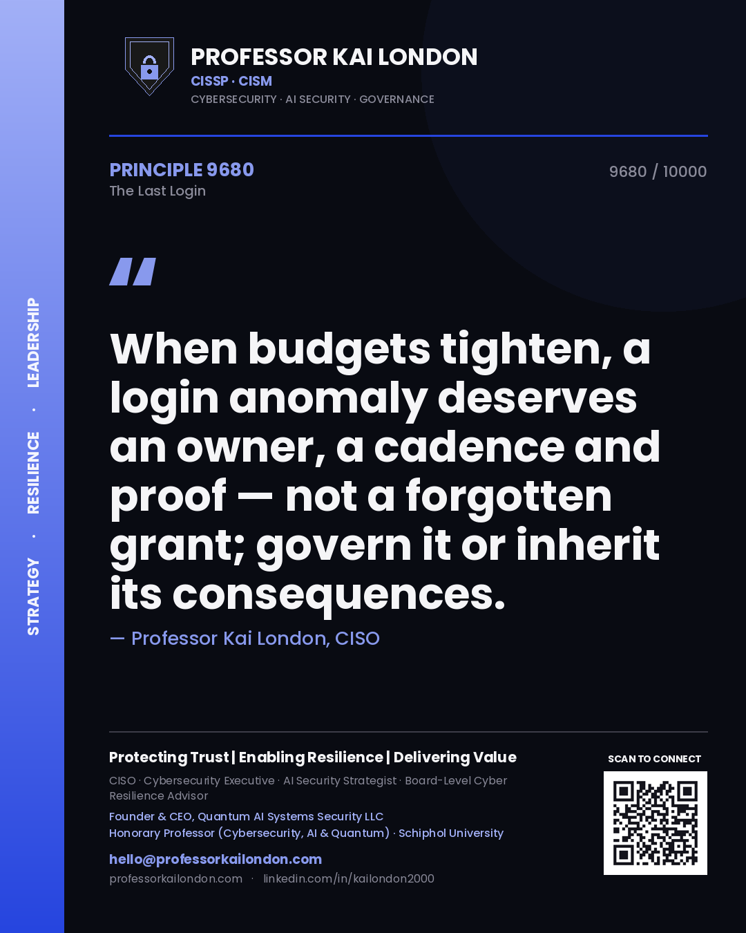 Professor Kai London principle 9680: When budgets tighten, a login anomaly deserves an owner, a cadence and proof — not a forgotten grant; govern it or inherit its consequences.