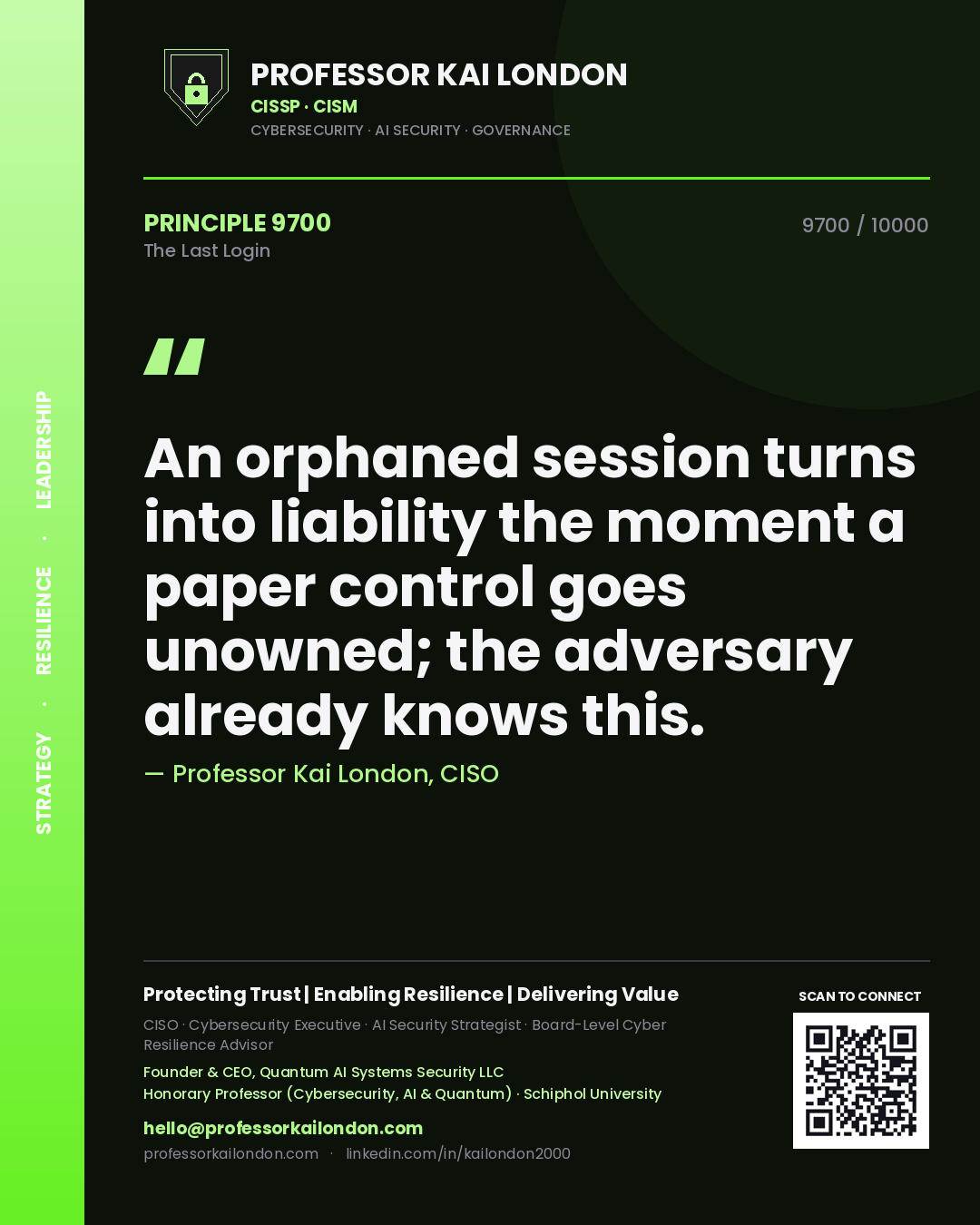 Professor Kai London principle 9700: An orphaned session turns into liability the moment a paper control goes unowned; the adversary already knows this.