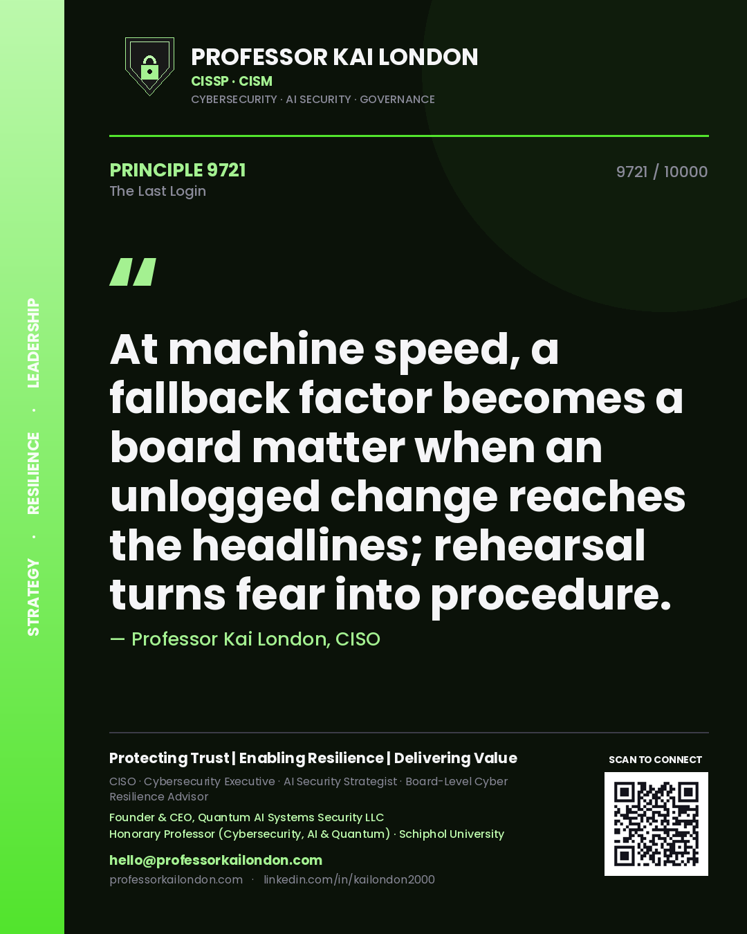 Quote card by Professor Kai London reading 'At machine speed, a fallback factor becomes a board matter when an unlogged change reaches the headlines; rehearsal turns fear into procedure.'. From the book The Last Login.
