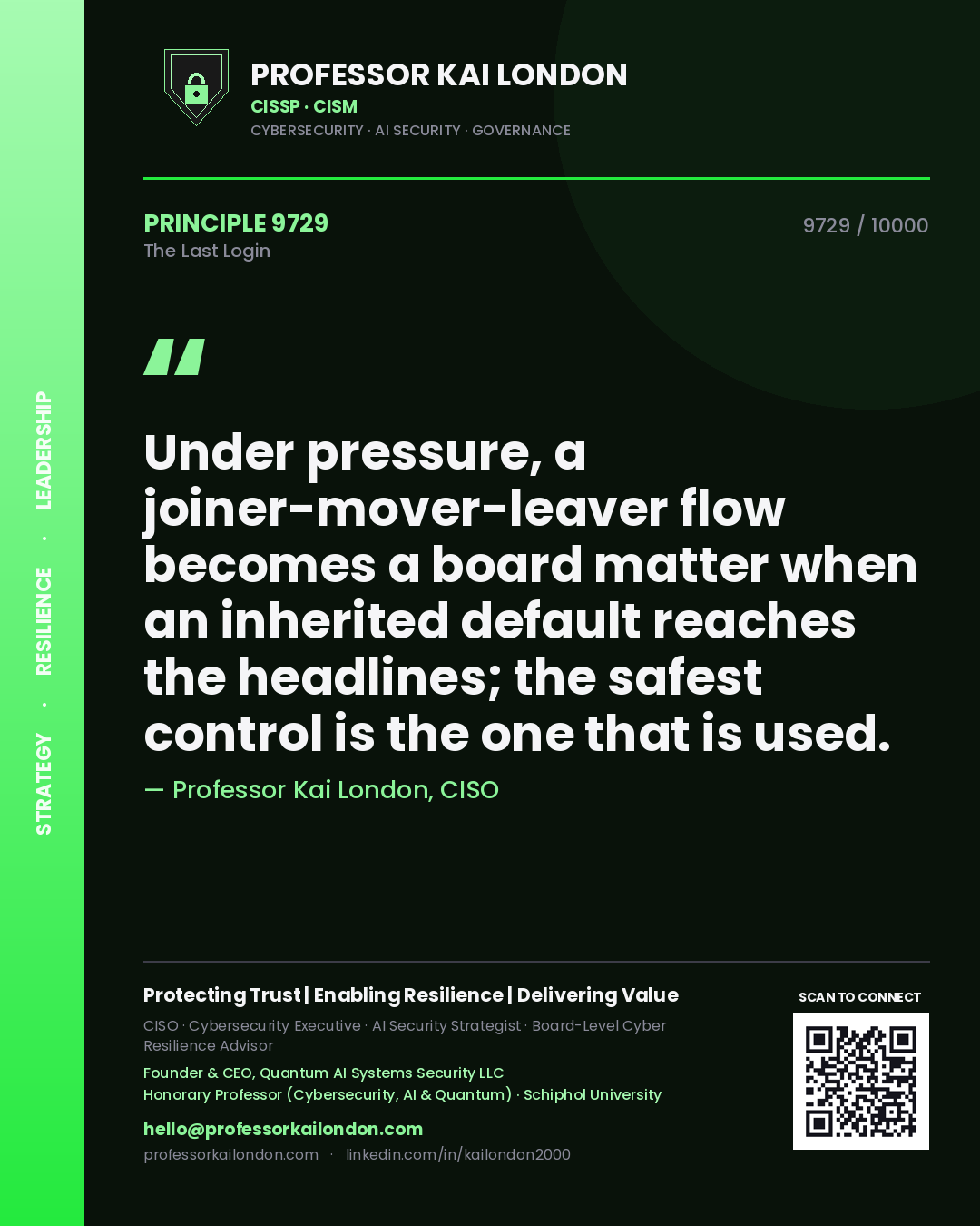 Professor Kai London principle 9729: Under pressure, a joiner-mover-leaver flow becomes a board matter when an inherited default reaches the headlines; the safest control is the one that is used.