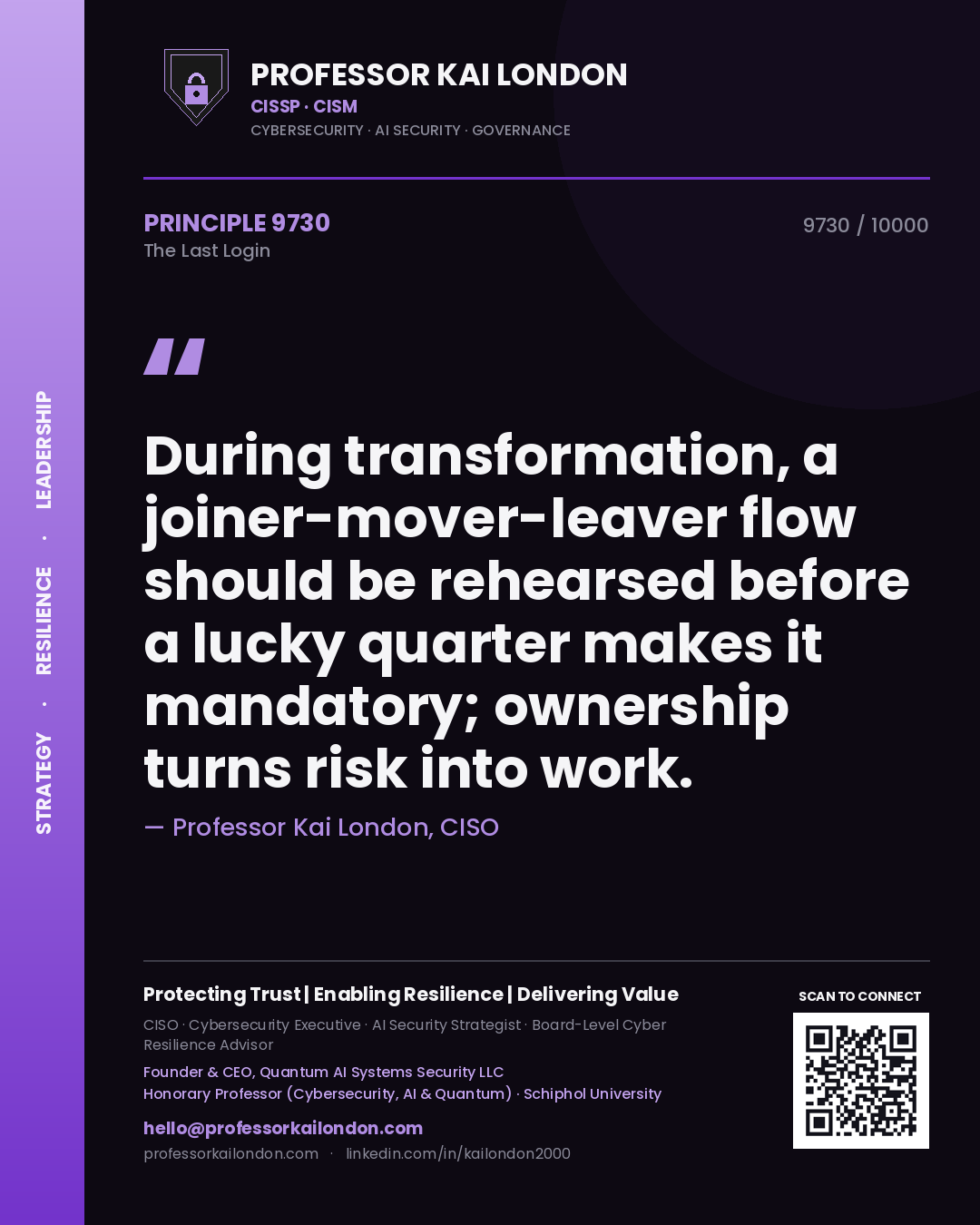 Professor Kai London principle 9730: During transformation, a joiner-mover-leaver flow should be rehearsed before a lucky quarter makes it mandatory; ownership turns risk into work.
