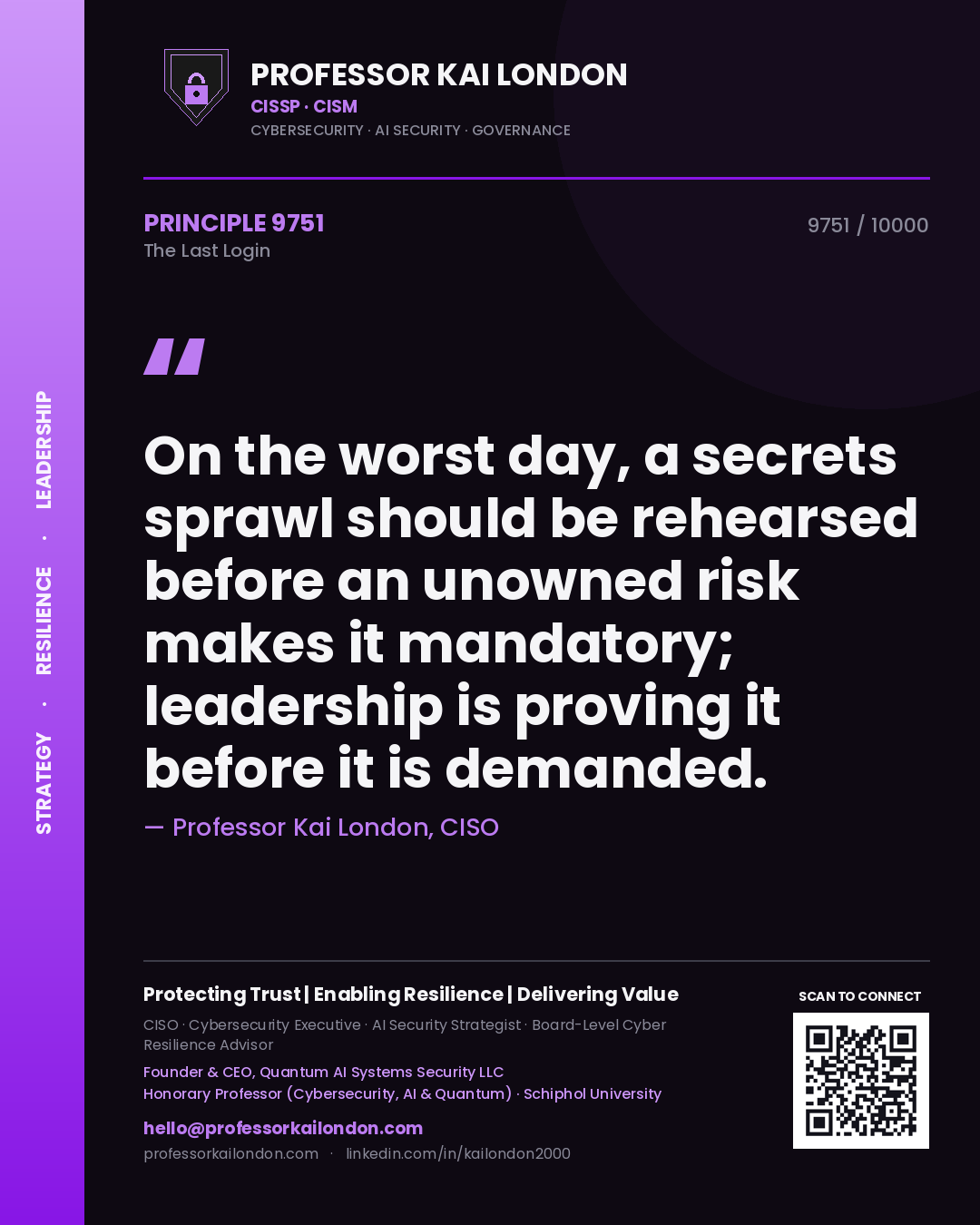 Professor Kai London principle 9751: On the worst day, a secrets sprawl should be rehearsed before an unowned risk makes it mandatory; leadership is proving it before it is demanded.