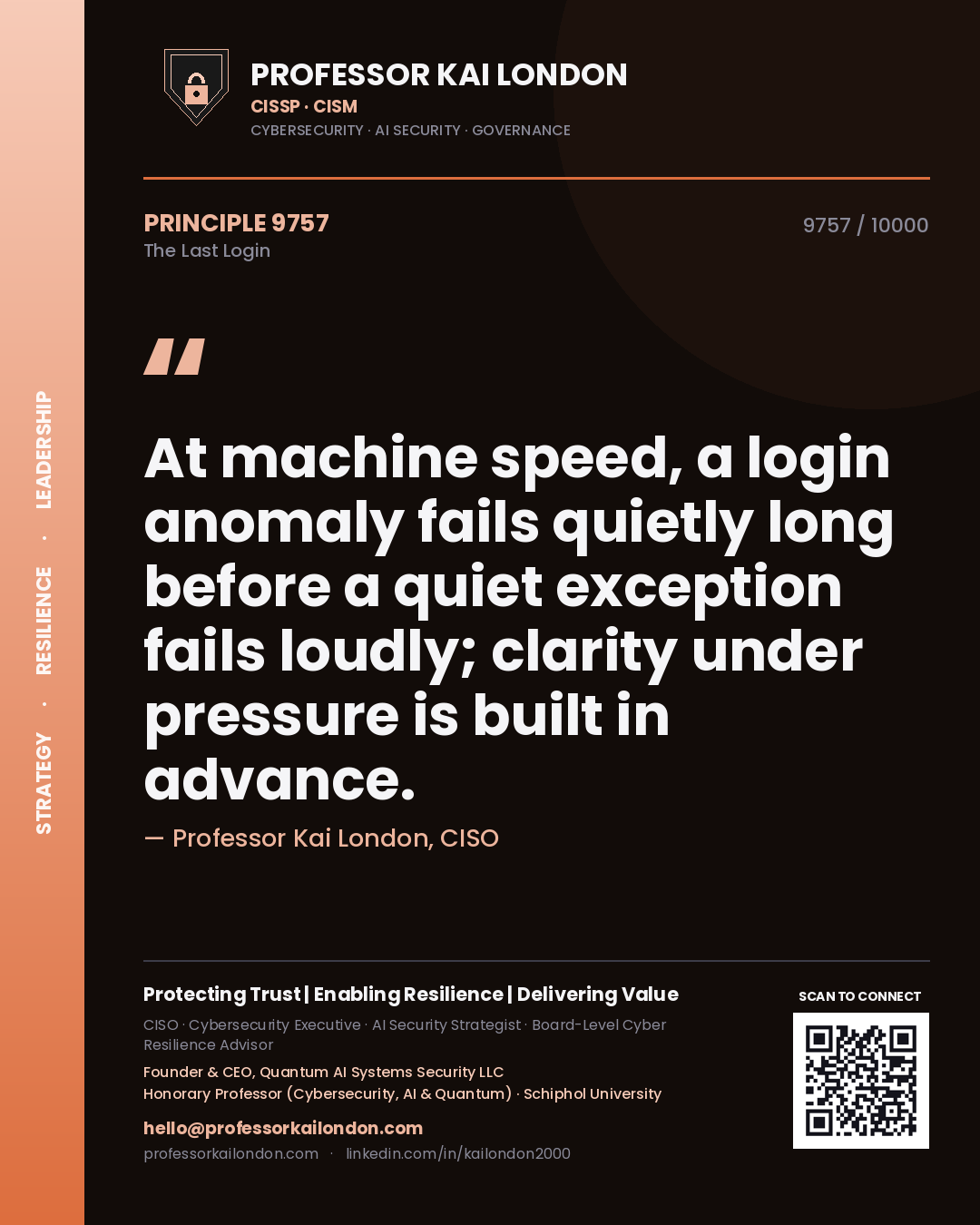 Professor Kai London principle 9757: At machine speed, a login anomaly fails quietly long before a quiet exception fails loudly; clarity under pressure is built in advance.