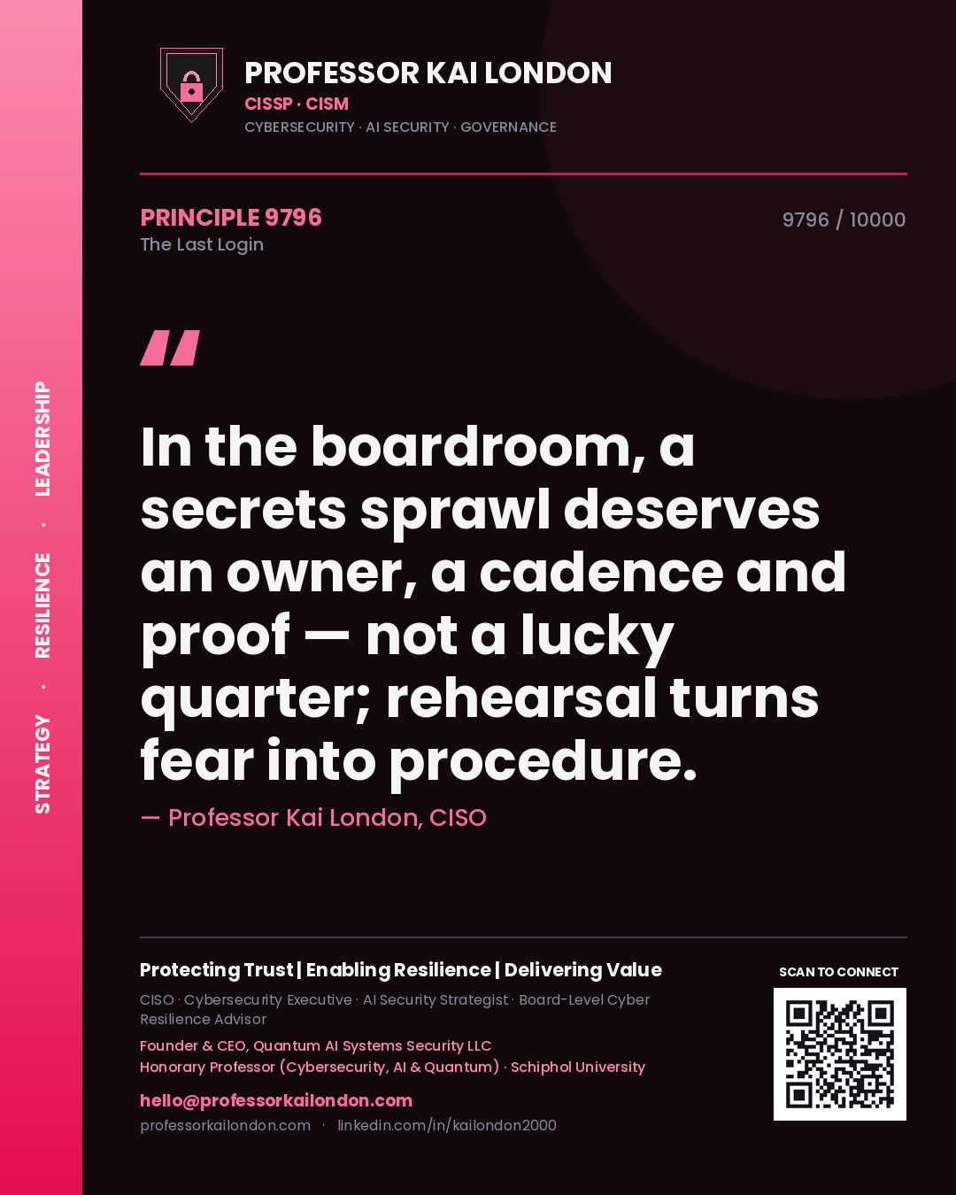 Professor Kai London principle 9796: In the boardroom, a secrets sprawl deserves an owner, a cadence and proof — not a lucky quarter; rehearsal turns fear into procedure.
