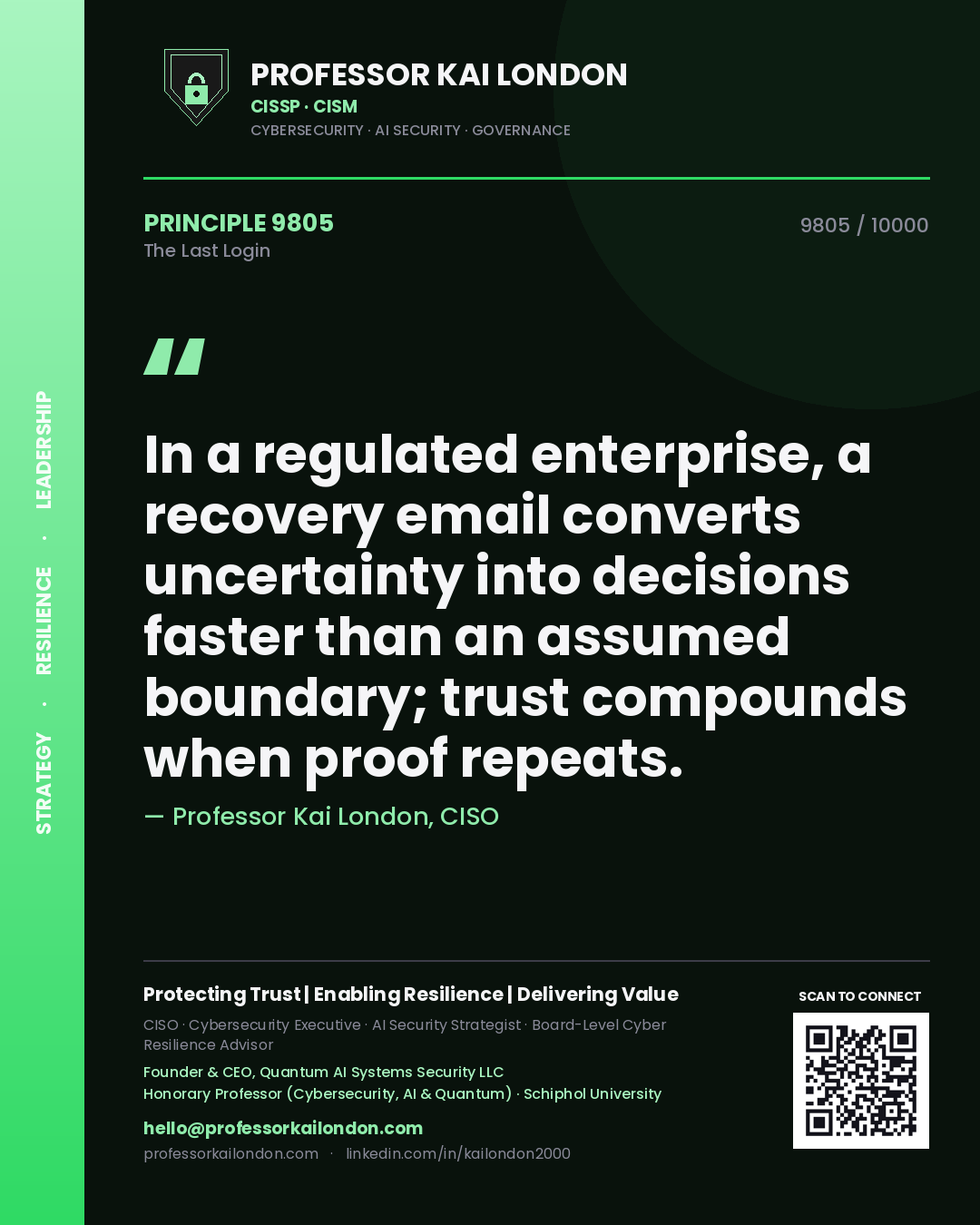 Professor Kai London principle 9805: In a regulated enterprise, a recovery email converts uncertainty into decisions faster than an assumed boundary; trust compounds when proof repeats.