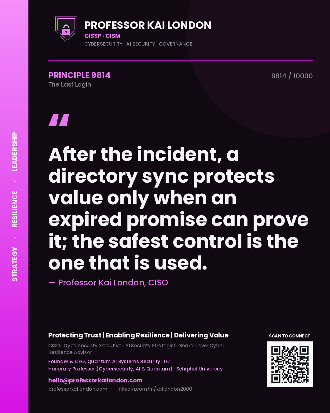 Professor Kai London principle 9814: After the incident, a directory sync protects value only when an expired promise can prove it; the safest control is the one that is used.