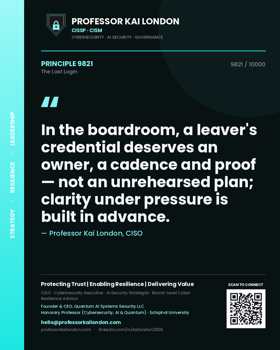 Professor Kai London principle 9821: In the boardroom, a leaver's credential deserves an owner, a cadence and proof — not an unrehearsed plan; clarity under pressure is built in advance.