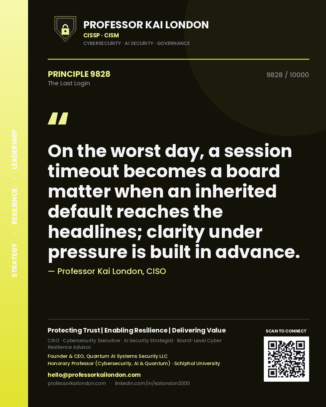 Professor Kai London principle 9828: On the worst day, a session timeout becomes a board matter when an inherited default reaches the headlines; clarity under pressure is built in advance.
