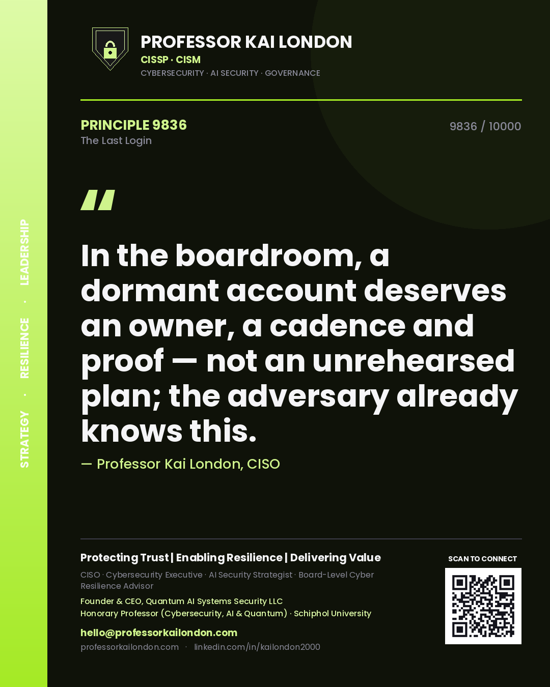 Professor Kai London principle 9836: In the boardroom, a dormant account deserves an owner, a cadence and proof — not an unrehearsed plan; the adversary already knows this.