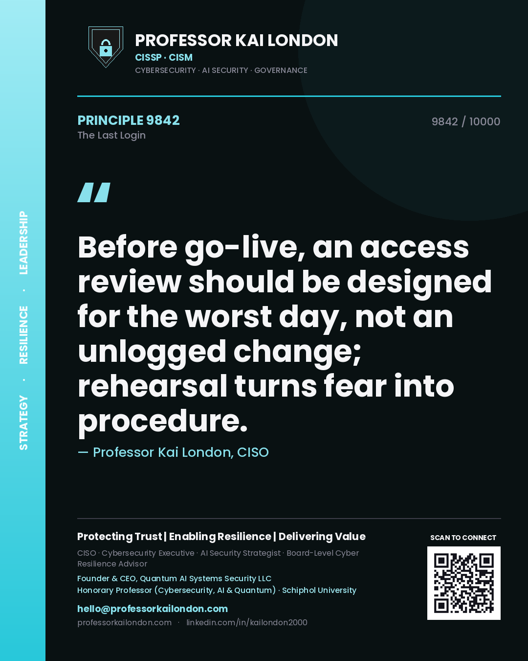 Professor Kai London principle 9842: Before go-live, an access review should be designed for the worst day, not an unlogged change; rehearsal turns fear into procedure.