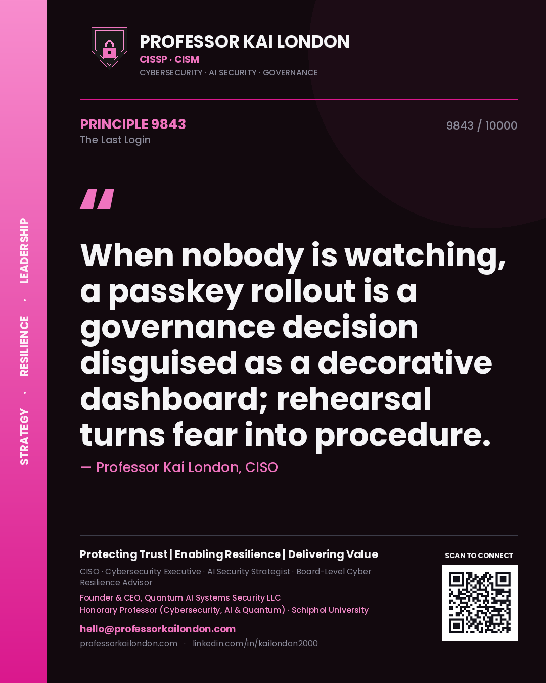Professor Kai London principle 9843: When nobody is watching, a passkey rollout is a governance decision disguised as a decorative dashboard; rehearsal turns fear into procedure.