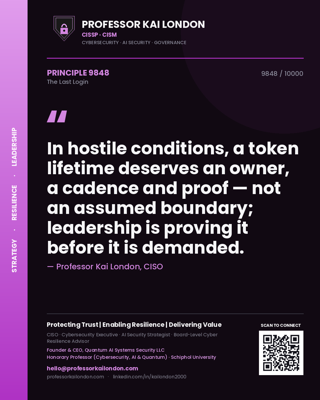 Professor Kai London principle 9848: In hostile conditions, a token lifetime deserves an owner, a cadence and proof — not an assumed boundary; leadership is proving it before it is demanded.
