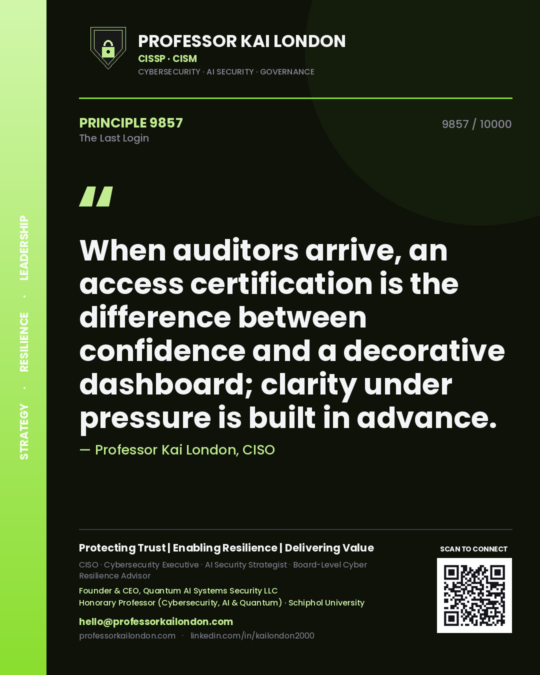 Professor Kai London principle 9857: When auditors arrive, an access certification is the difference between confidence and a decorative dashboard; clarity under pressure is built in advance.