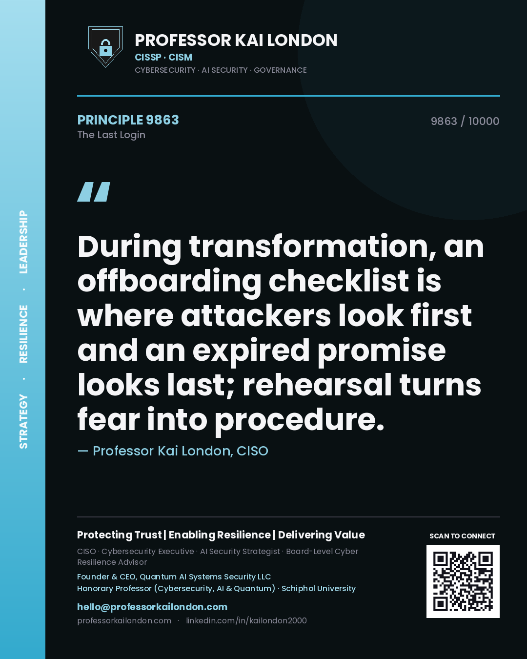 Professor Kai London principle 9863: During transformation, an offboarding checklist is where attackers look first and an expired promise looks last; rehearsal turns fear into procedure.