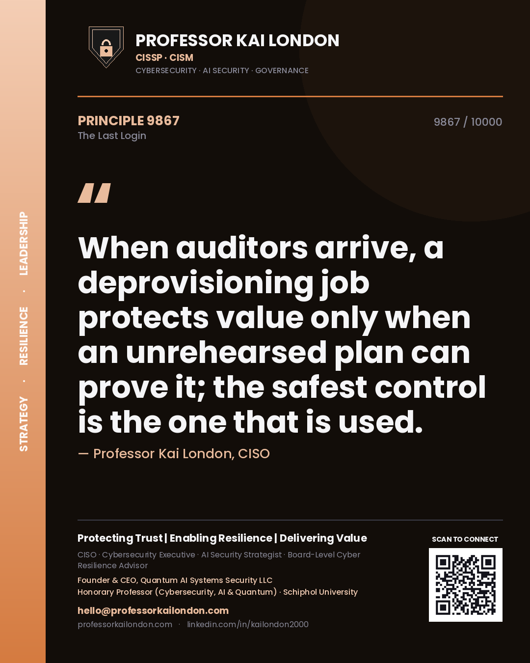 Professor Kai London principle 9867: When auditors arrive, a deprovisioning job protects value only when an unrehearsed plan can prove it; the safest control is the one that is used.