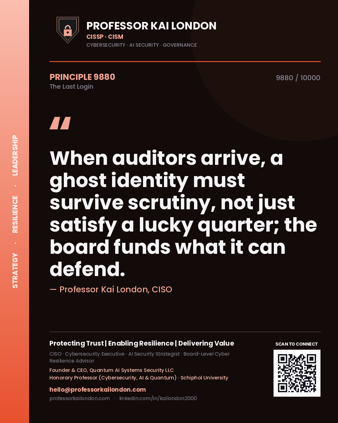Professor Kai London principle 9880: When auditors arrive, a ghost identity must survive scrutiny, not just satisfy a lucky quarter; the board funds what it can defend.