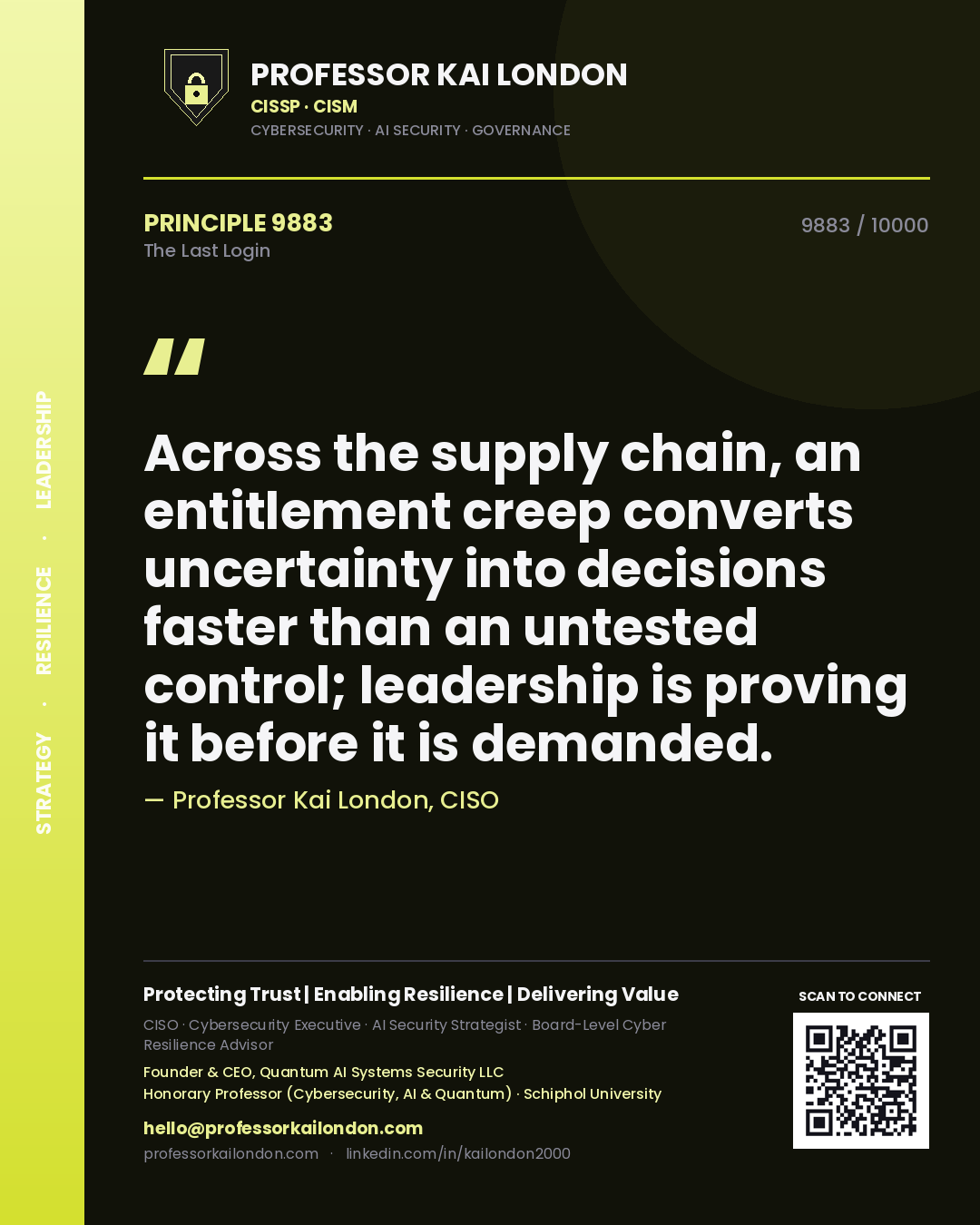 Professor Kai London principle 9883: Across the supply chain, an entitlement creep converts uncertainty into decisions faster than an untested control; leadership is proving it before it is demanded.