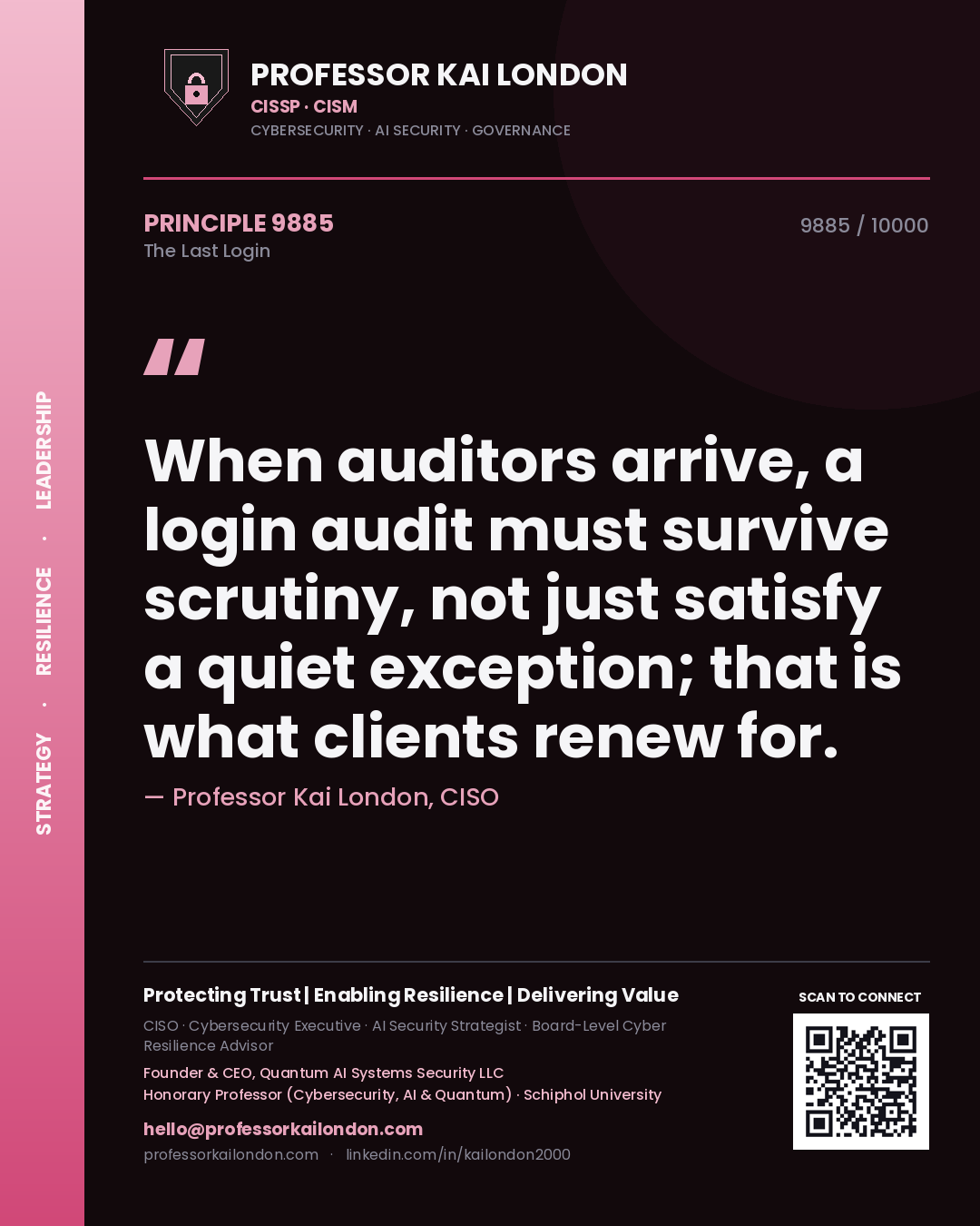 Professor Kai London principle 9885: When auditors arrive, a login audit must survive scrutiny, not just satisfy a quiet exception; that is what clients renew for.