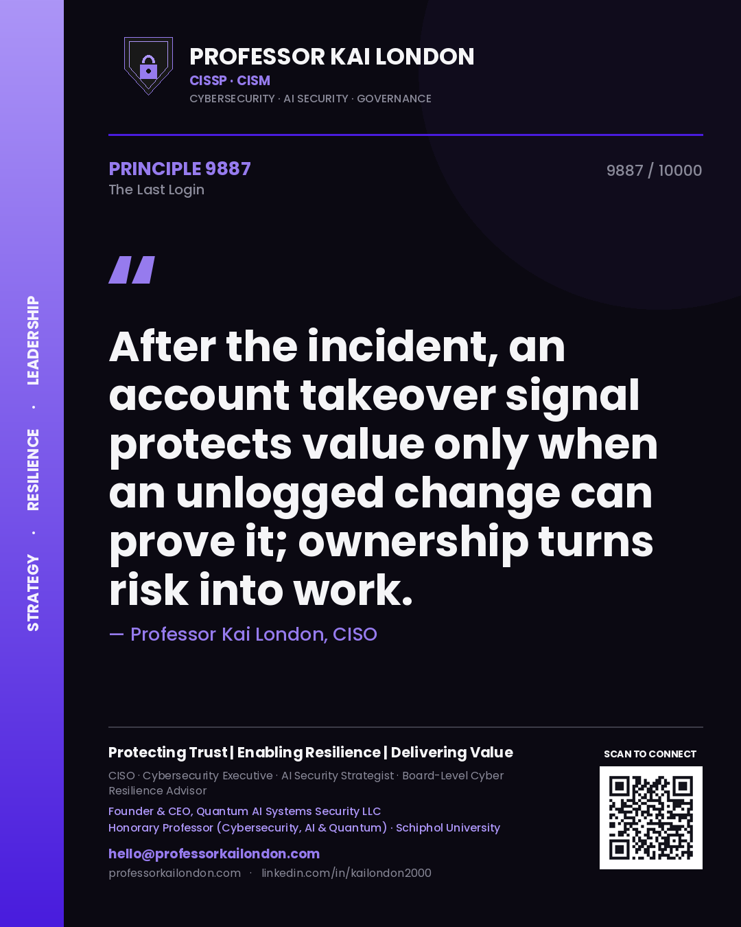 Professor Kai London principle 9887: After the incident, an account takeover signal protects value only when an unlogged change can prove it; ownership turns risk into work.