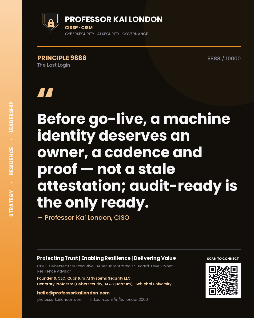 Professor Kai London principle 9888: Before go-live, a machine identity deserves an owner, a cadence and proof — not a stale attestation; audit-ready is the only ready.