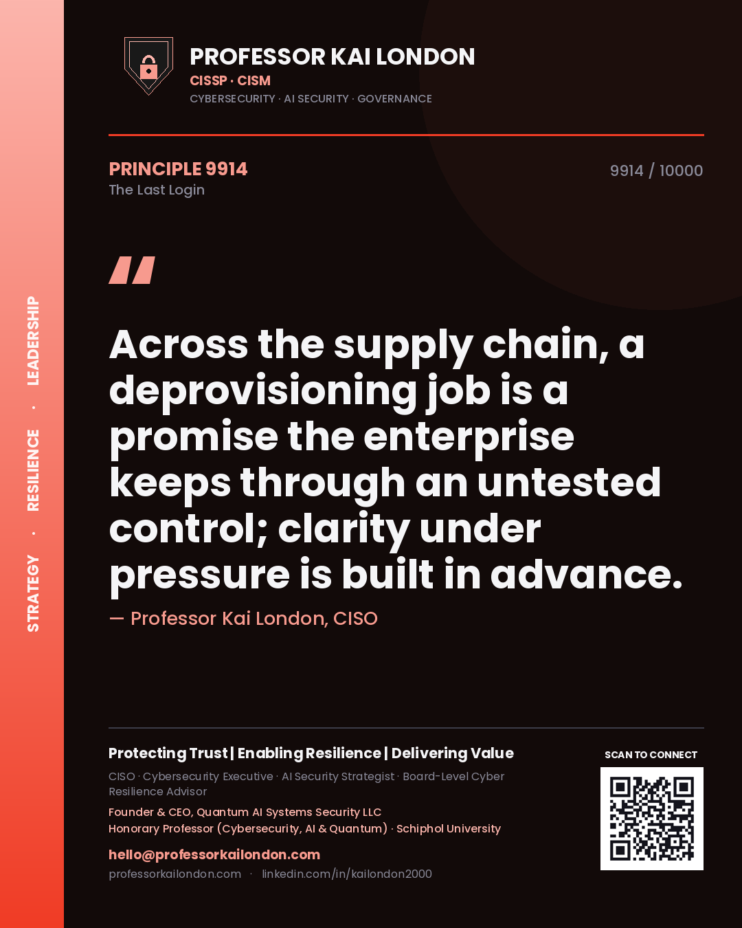 Quote card by Professor Kai London reading 'Across the supply chain, a deprovisioning job is a promise the enterprise keeps through an untested control; clarity under pressure is built in advance.'. From the book The Last Login.