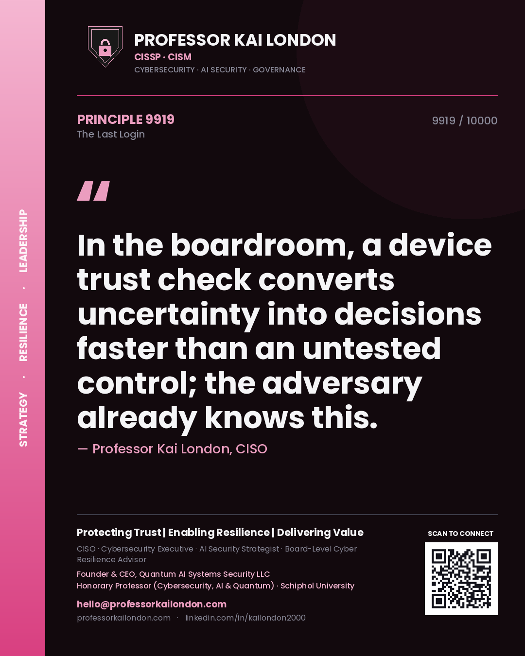 Professor Kai London principle 9919: In the boardroom, a device trust check converts uncertainty into decisions faster than an untested control; the adversary already knows this.