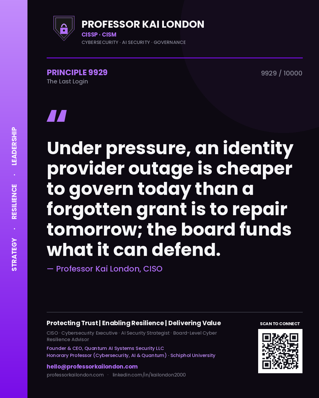 Quote card by Professor Kai London reading 'Under pressure, an identity provider outage is cheaper to govern today than a forgotten grant is to repair tomorrow; the board funds what it can defend.'. From the book The Last Login.