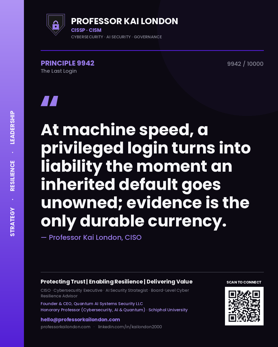 Quote card by Professor Kai London reading 'At machine speed, a privileged login turns into liability the moment an inherited default goes unowned; evidence is the only durable currency.'. From the book The Last Login.
